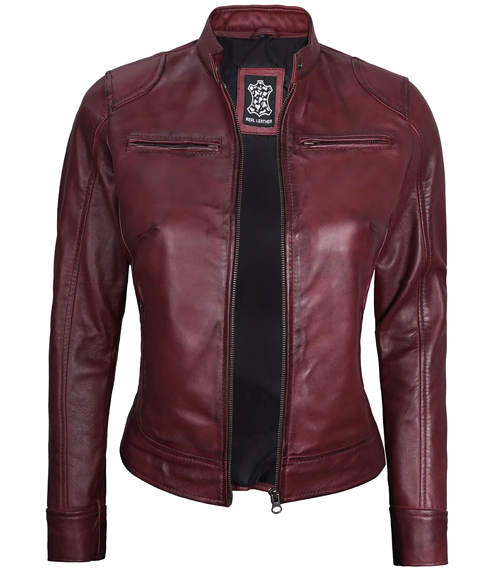 Dodge Women's Maroon Cafe Racer Leather Jacket