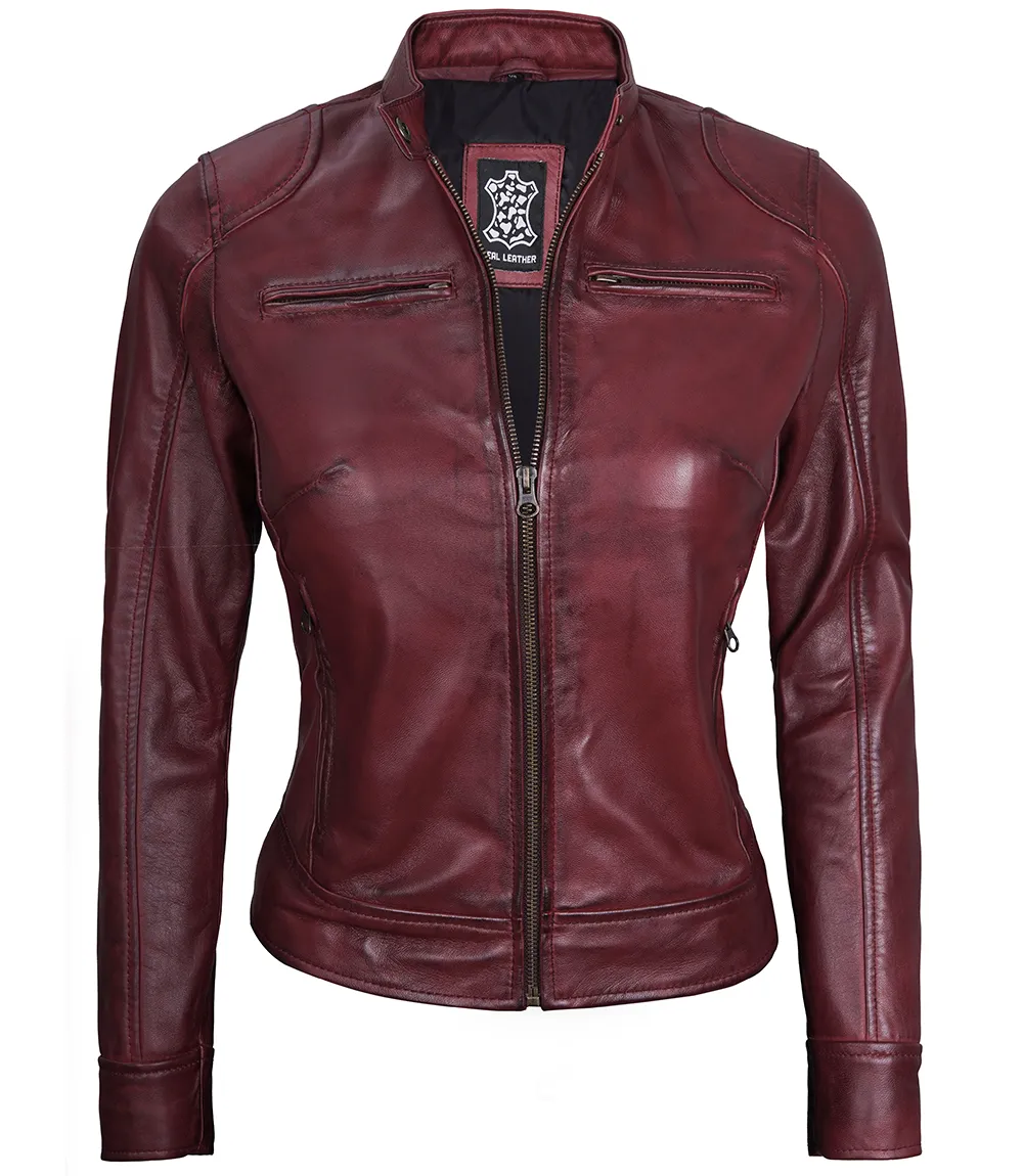 Dodge Women's Maroon Cafe Racer Leather Jacket