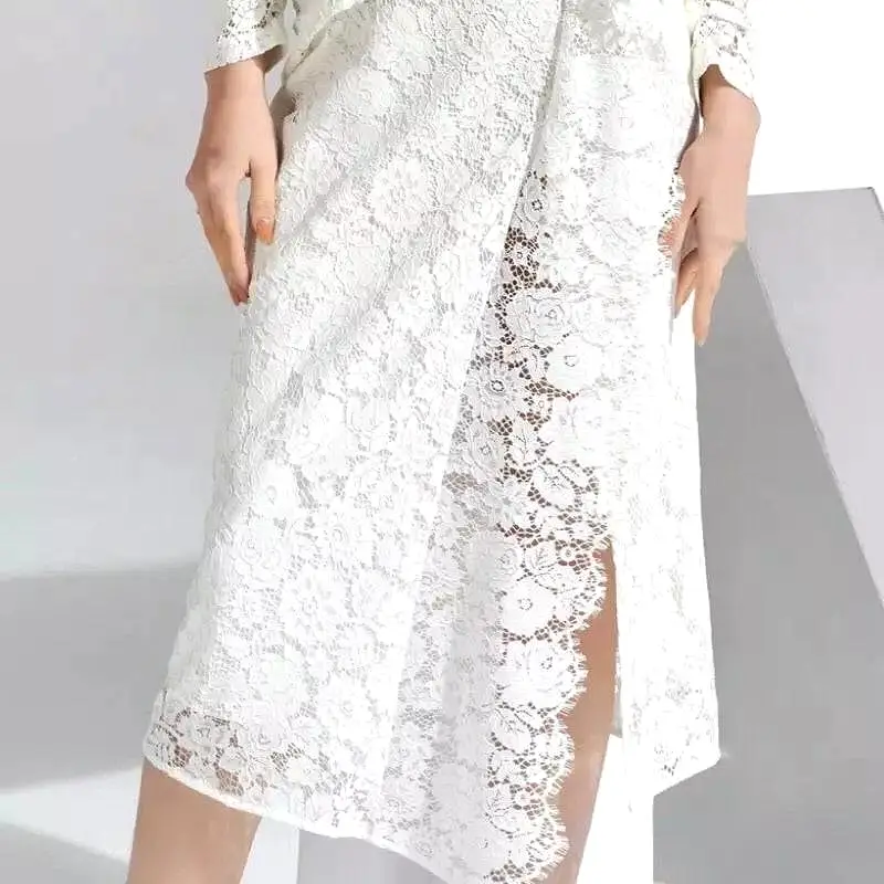 Draped Embroidered Side Slit Lace Dress