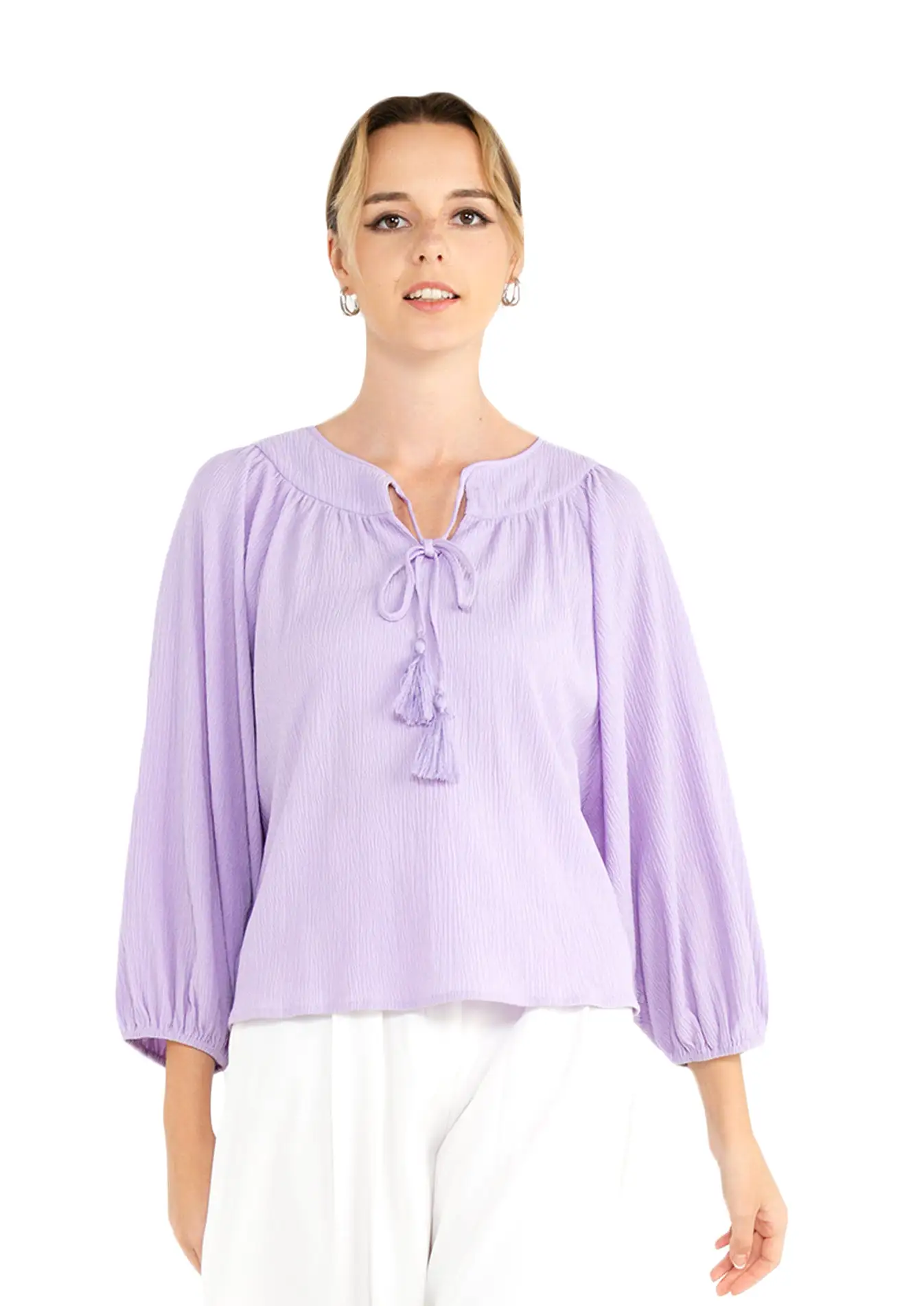 ELLE Apparel Dolman Sleeves Front Tie Blouse