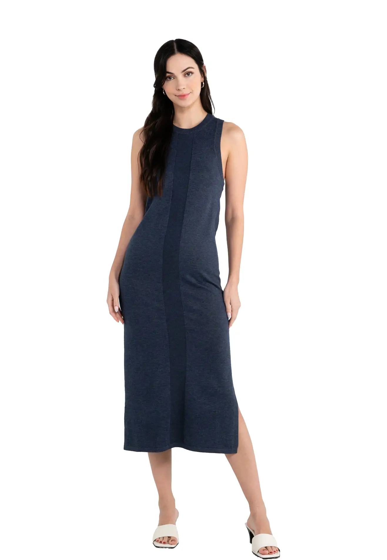 ELLE Apparel Knitted Round Neck Dress with Side Slit