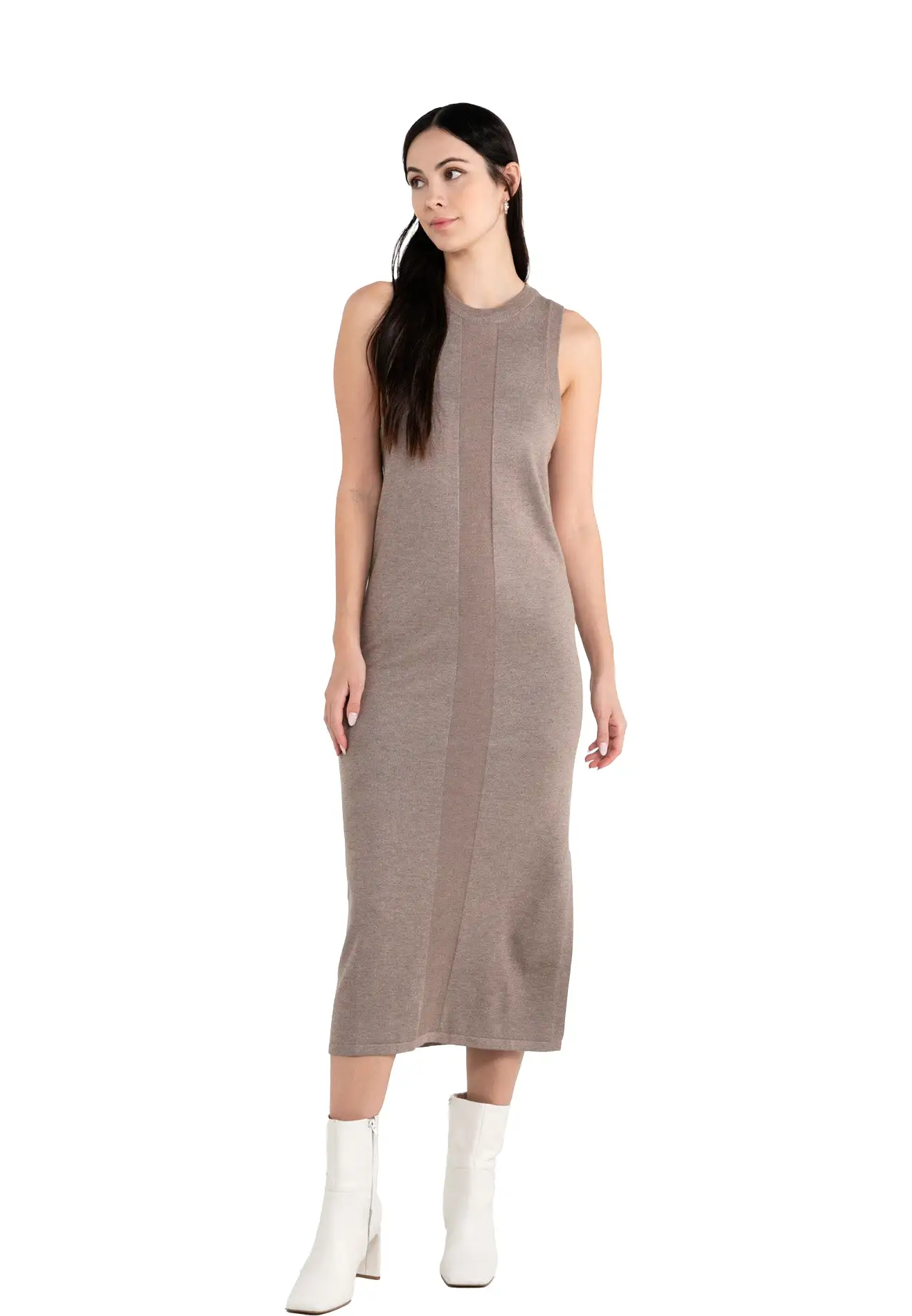 ELLE Apparel Knitted Round Neck Dress with Side Slit