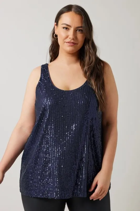 EVANS Curve Navy Blue Sequin Embellished Vest Top