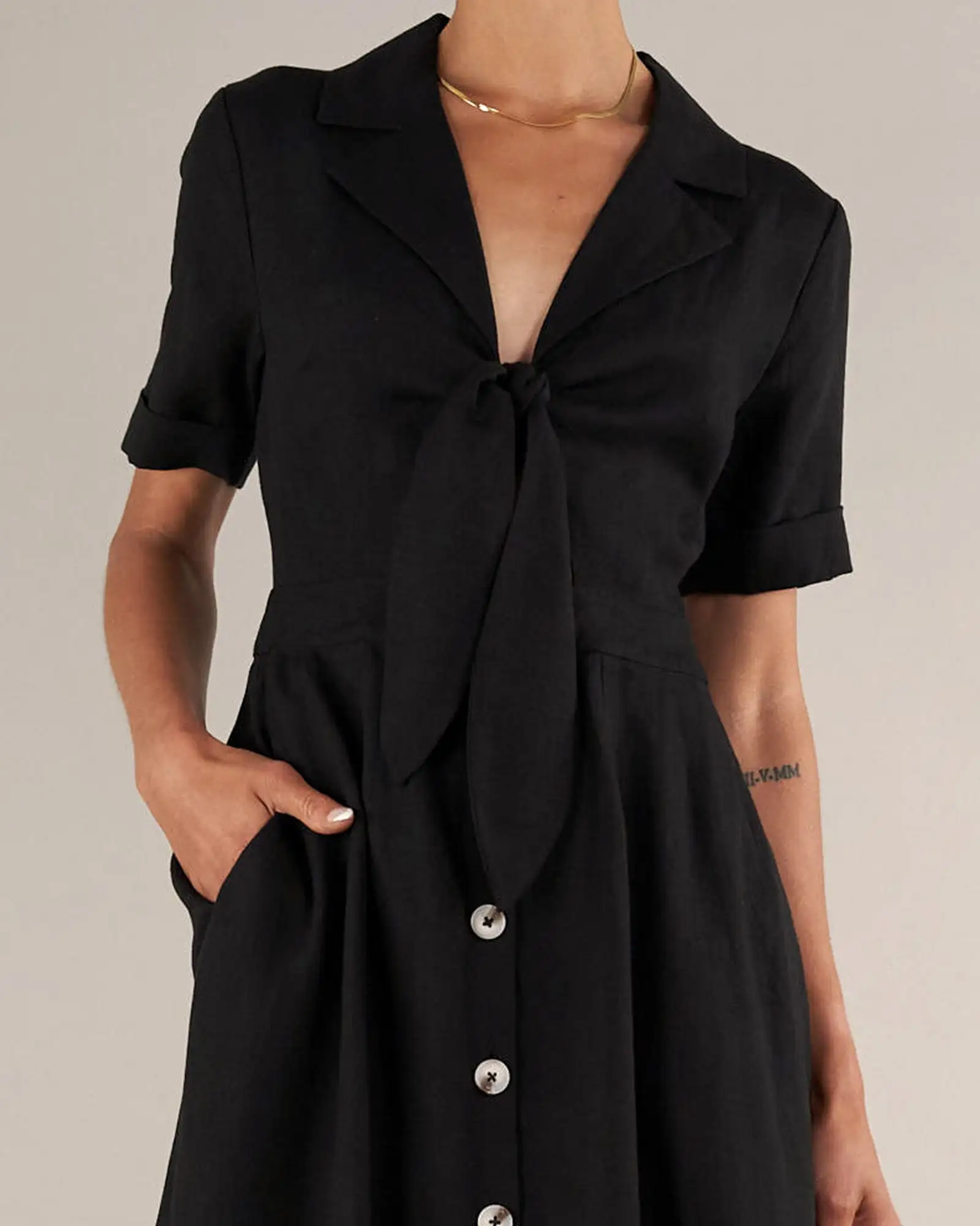 Ines Linen Tie Front Dress - Black