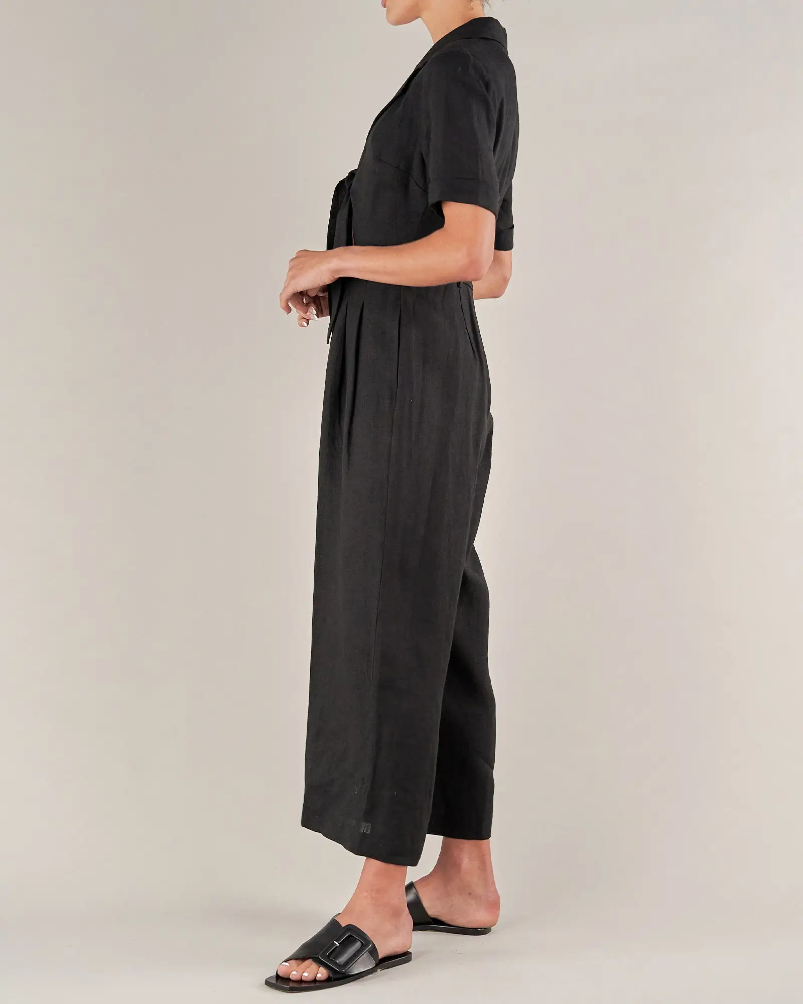 Ines Linen Tie Front Jumpsuit - Black