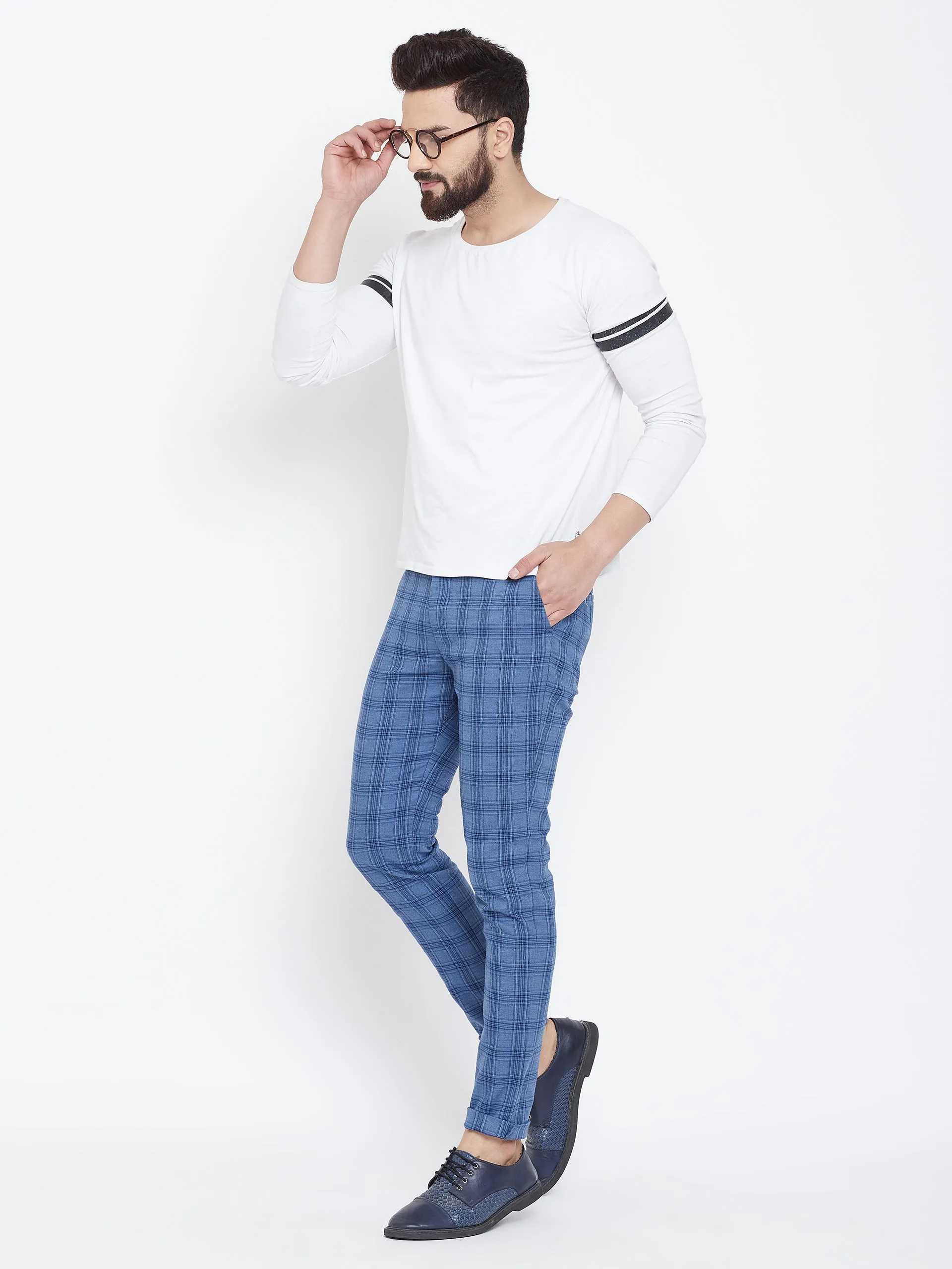 JUMP USA Men Blue Check Slim Fit Cotton Casual Trousers