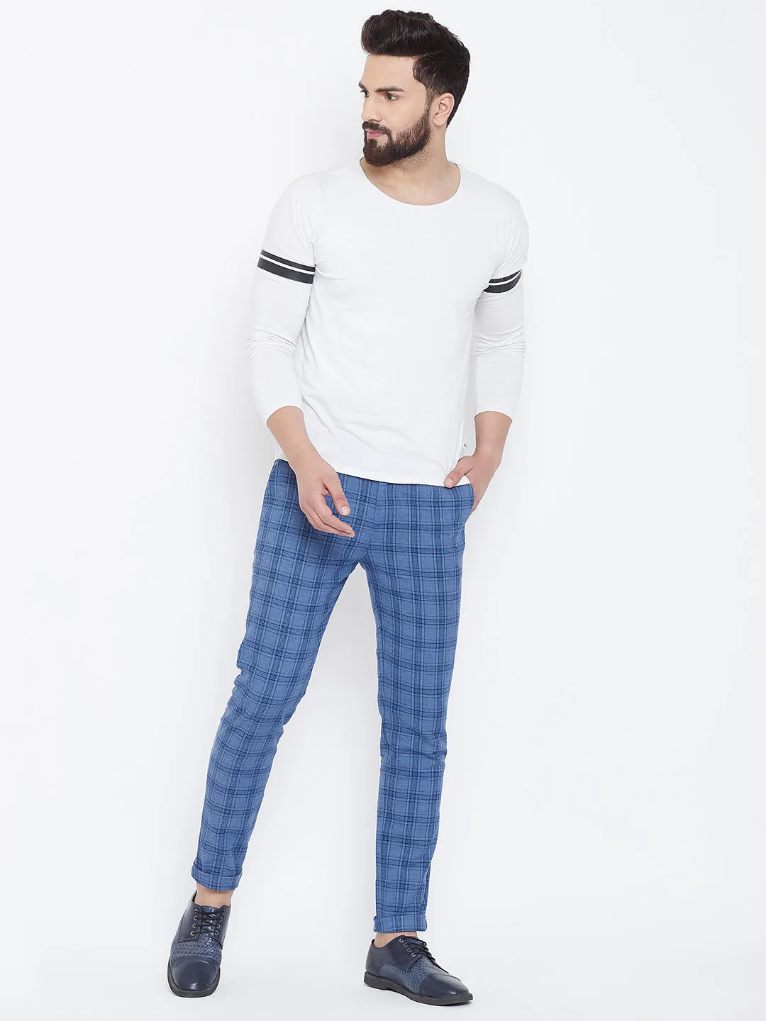 JUMP USA Men Blue Check Slim Fit Cotton Casual Trousers