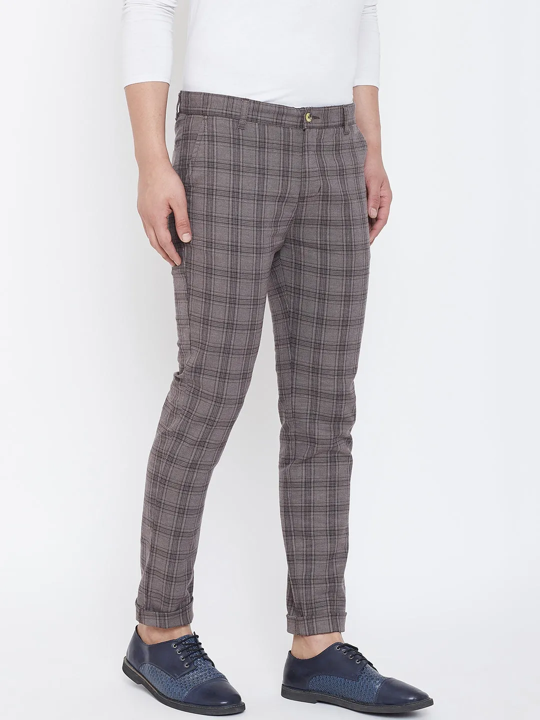 JUMP USA Men Grey Check Slim Fit Cotton Casual Trousers