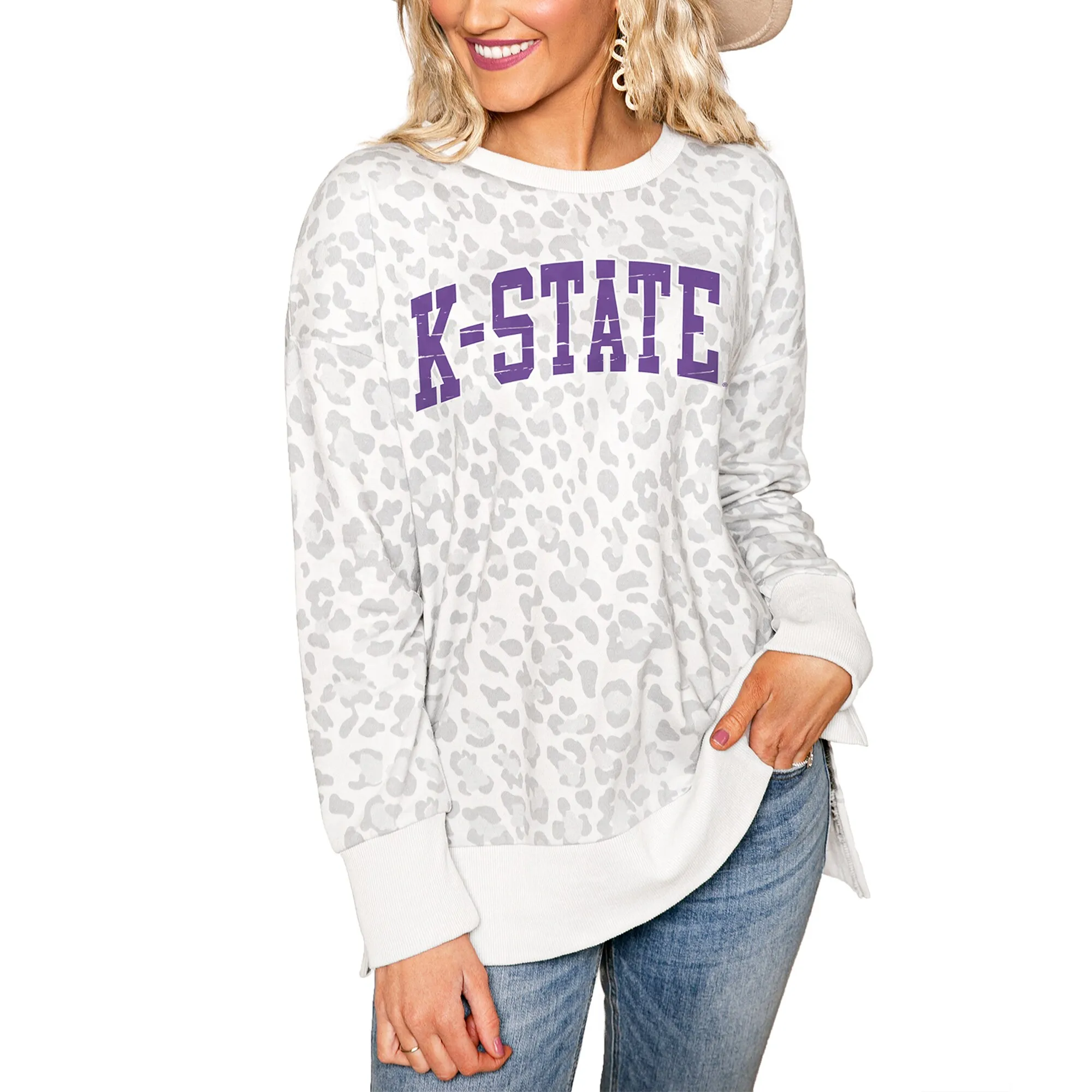 Kansas State Wildcats Women's Gray Side-Slit French Terry Crewneck Sweatshirt