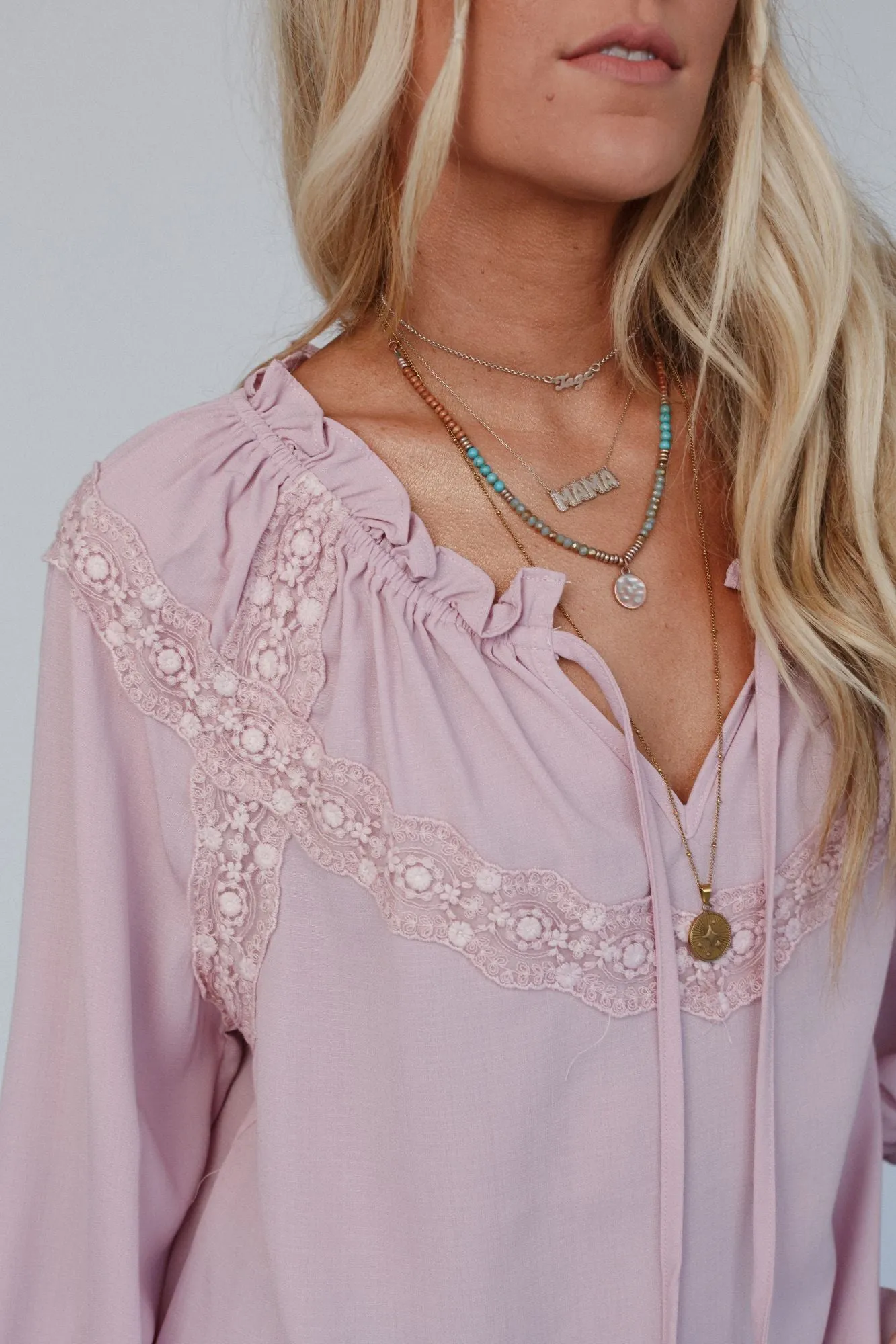 Lace Blossom Tie Front Top - Blush