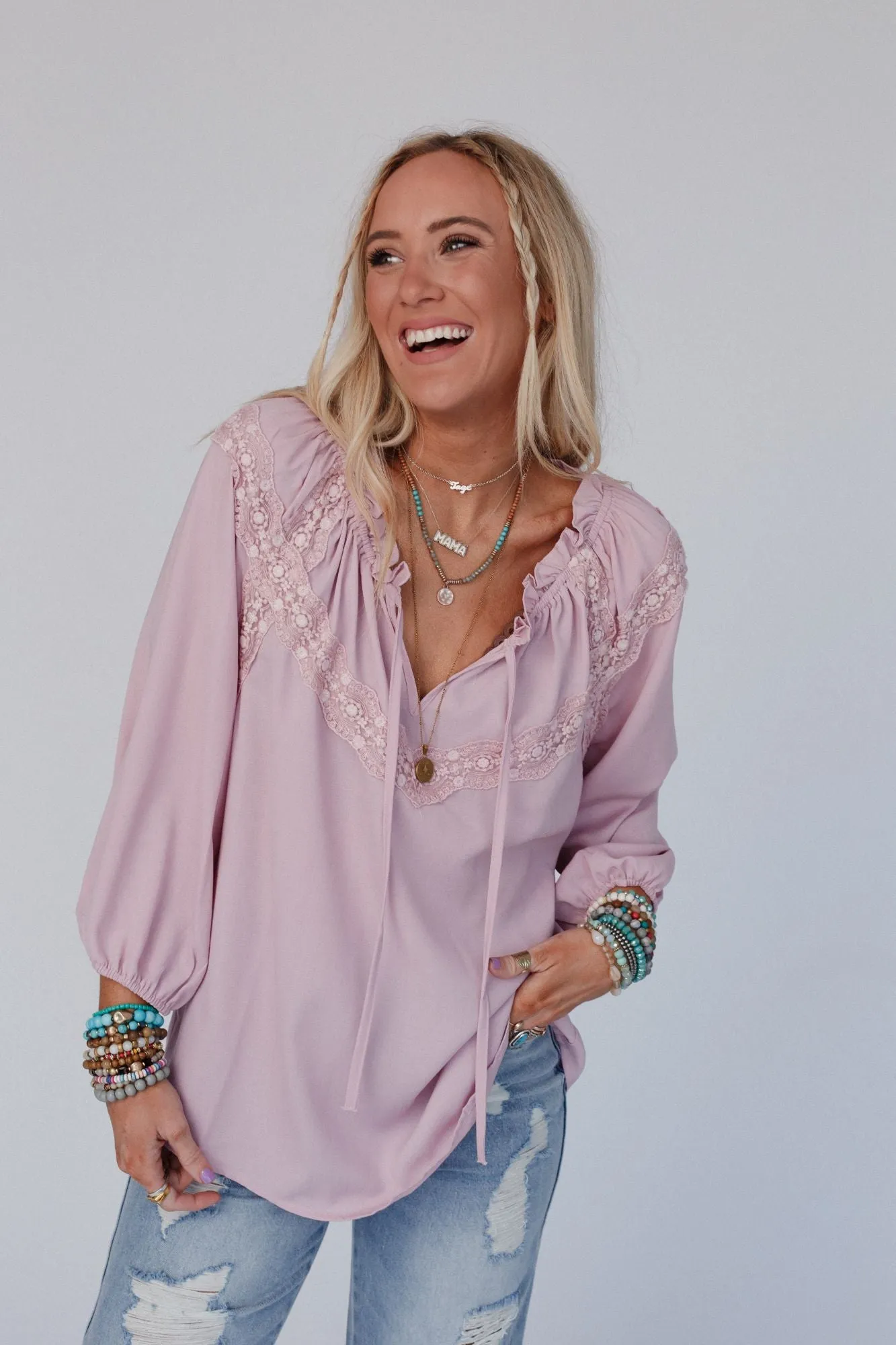 Lace Blossom Tie Front Top - Blush