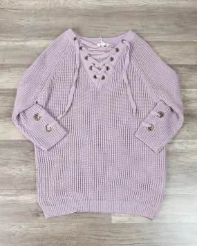 Lace Up Grommet Sweater in Soft Mauve