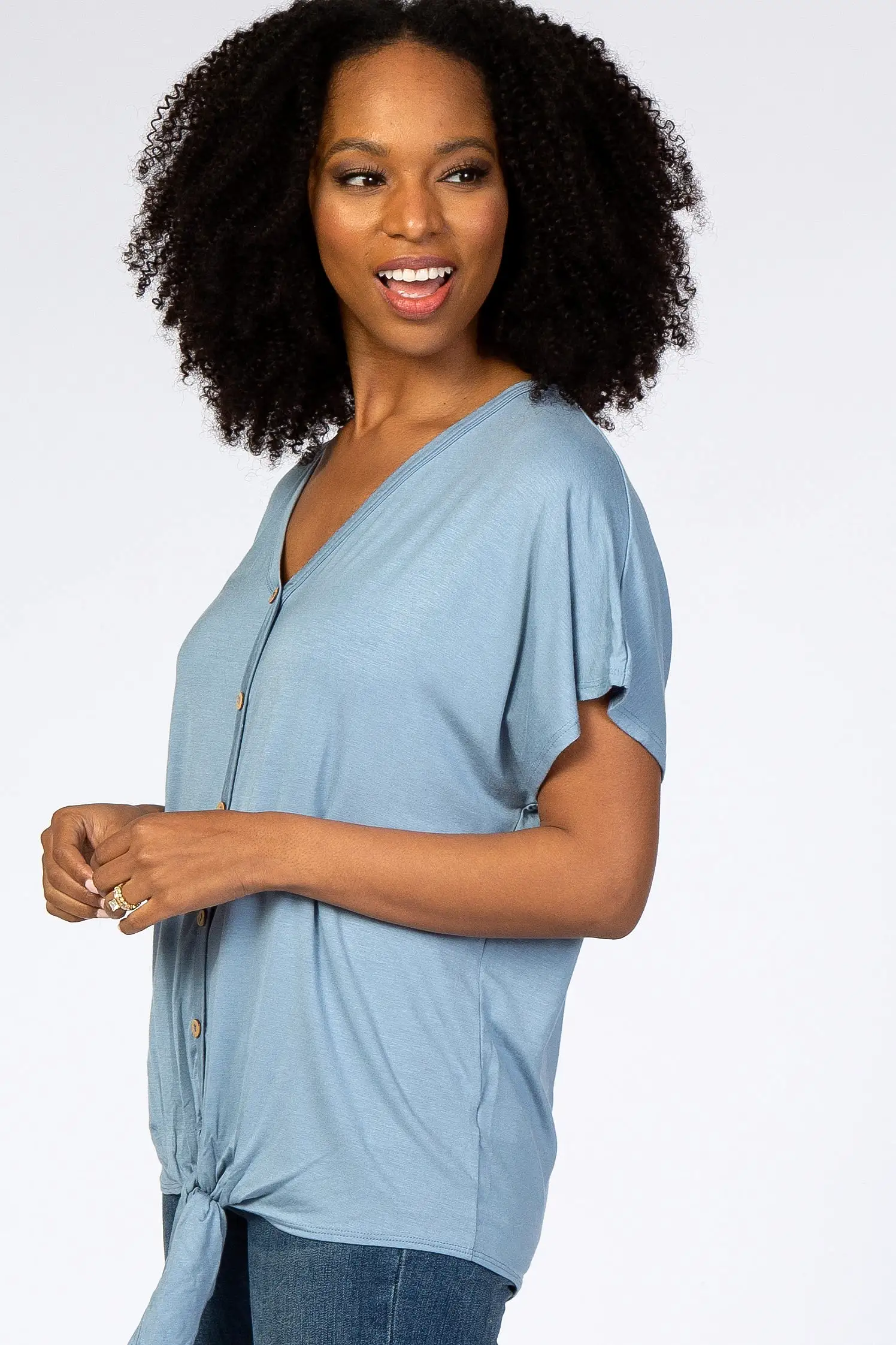 Light Blue Tie Front Short Sleeve Top