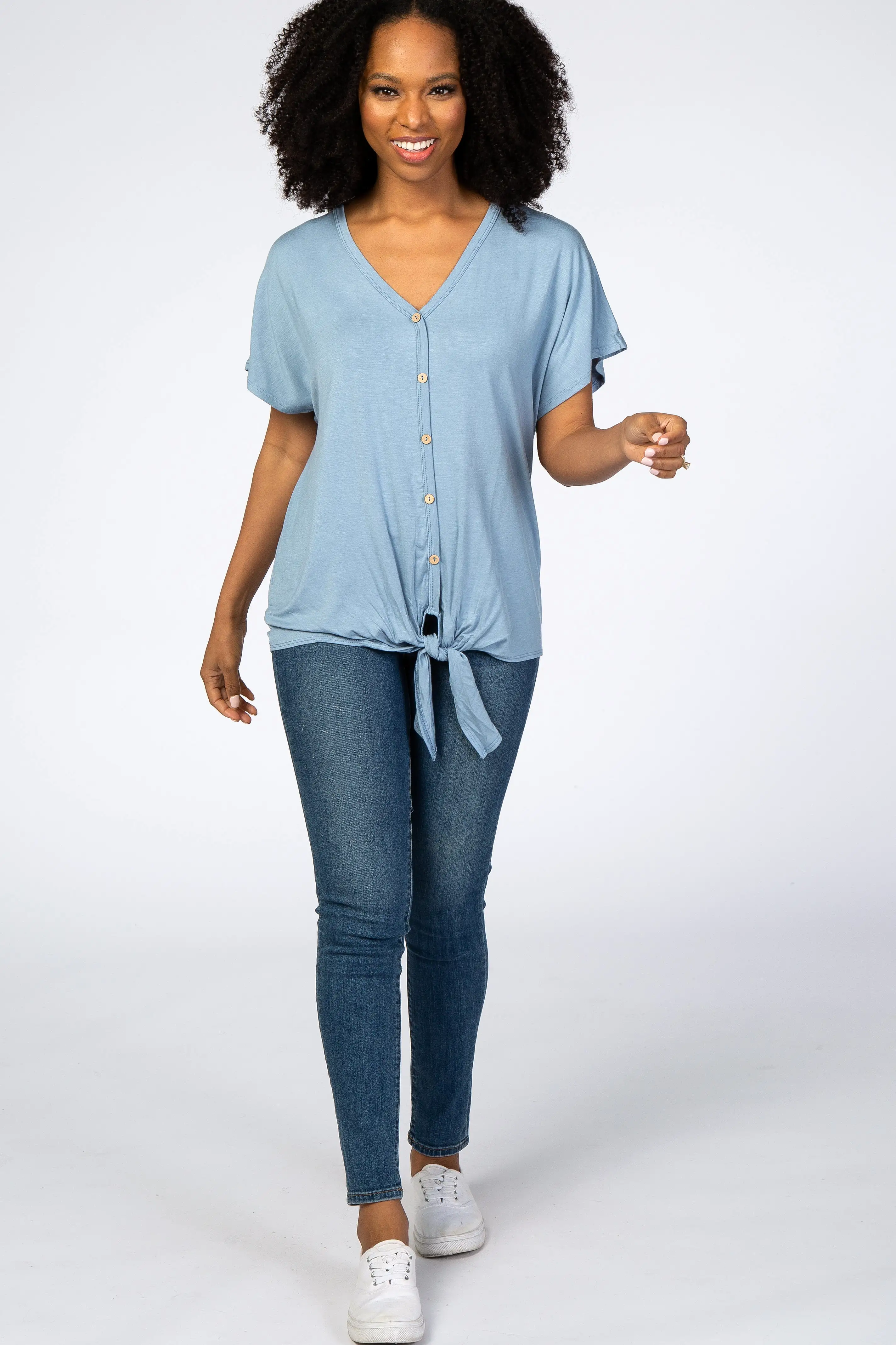 Light Blue Tie Front Short Sleeve Top