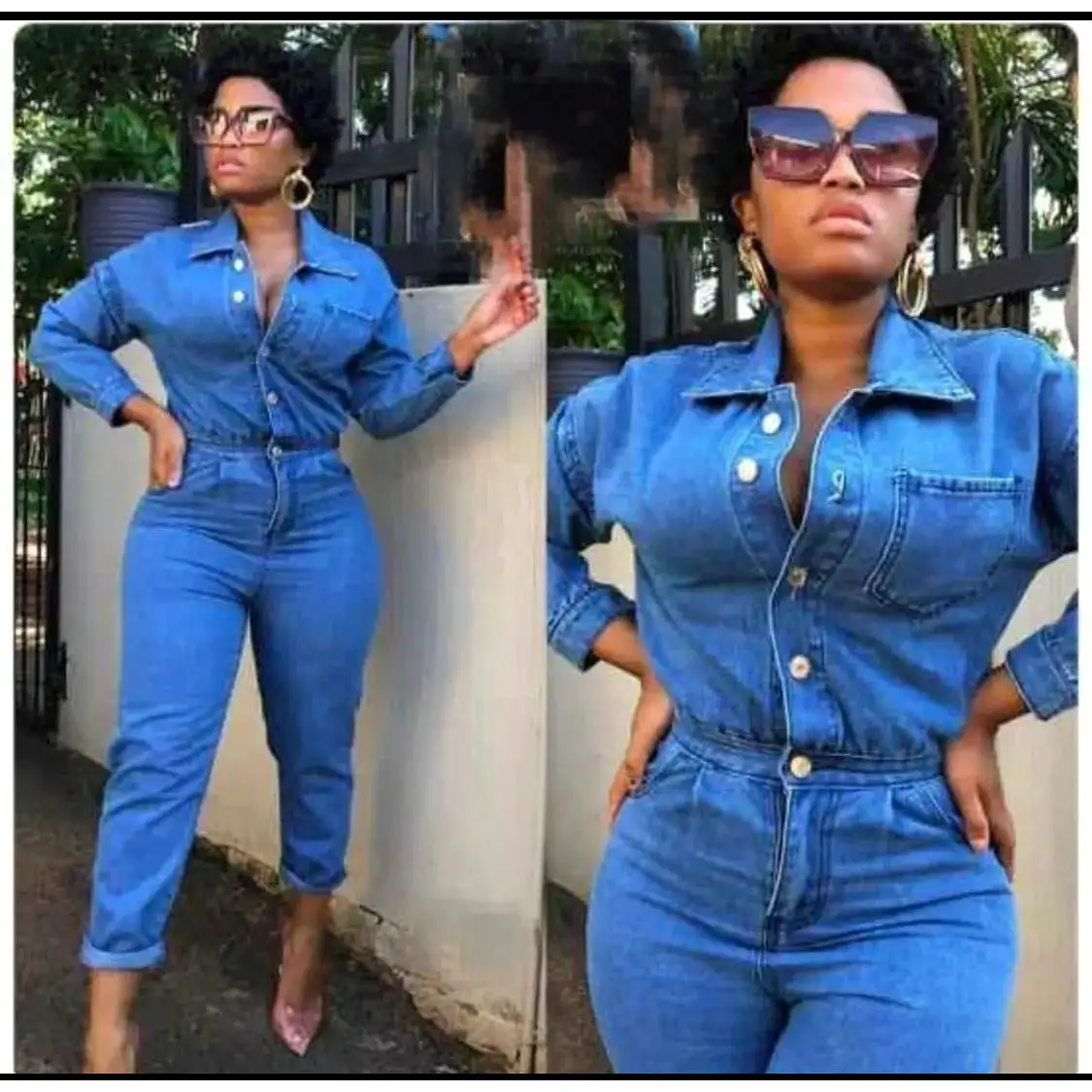 Long Sleeve Denim Overall Jumpsuit