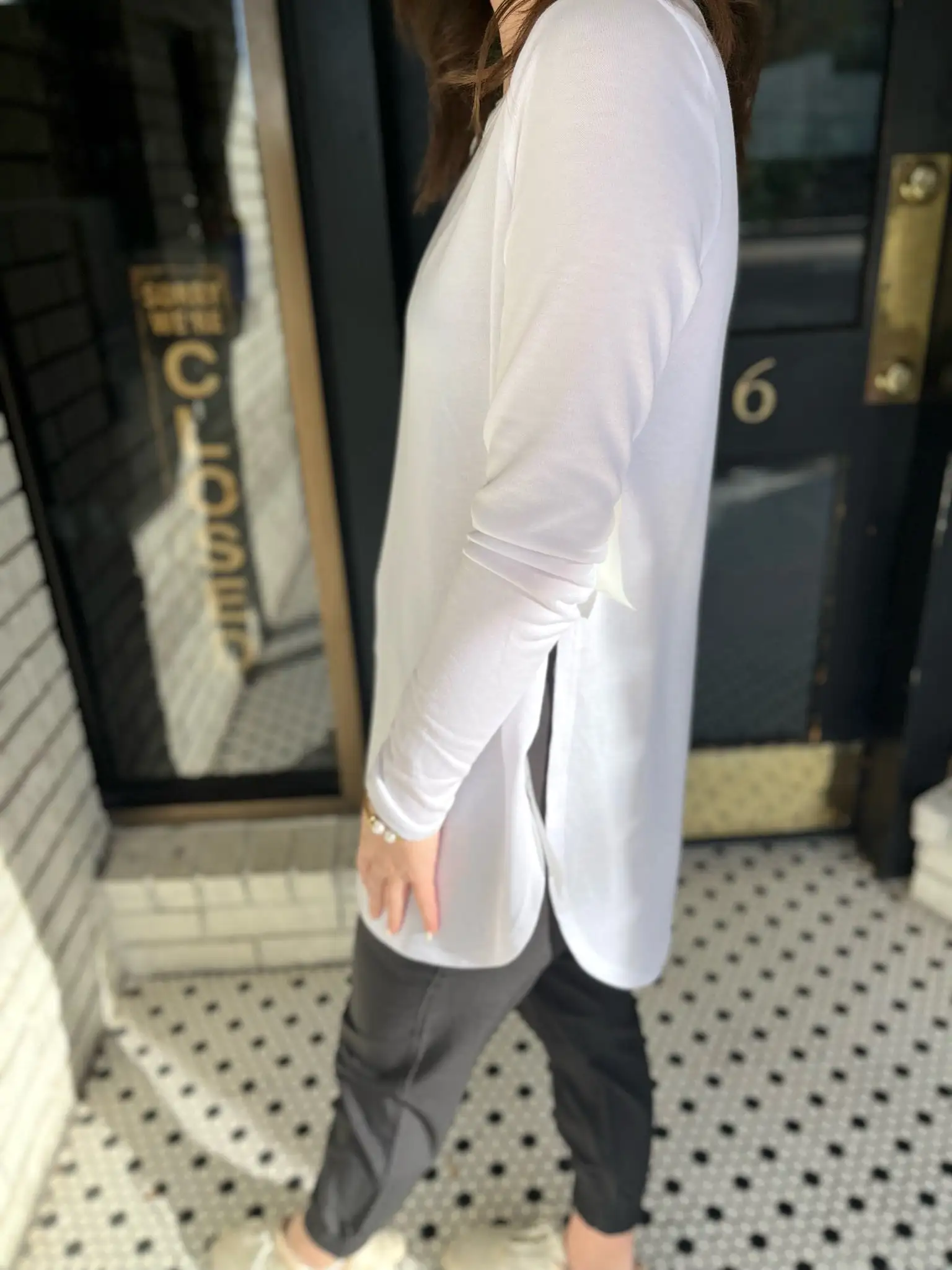 Long Sleeve Flow Top with Side Slit- White