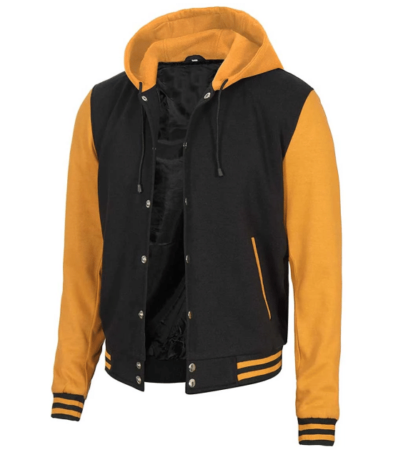 Men's Yellow and Black Varsity Letterman Jacket with Hood