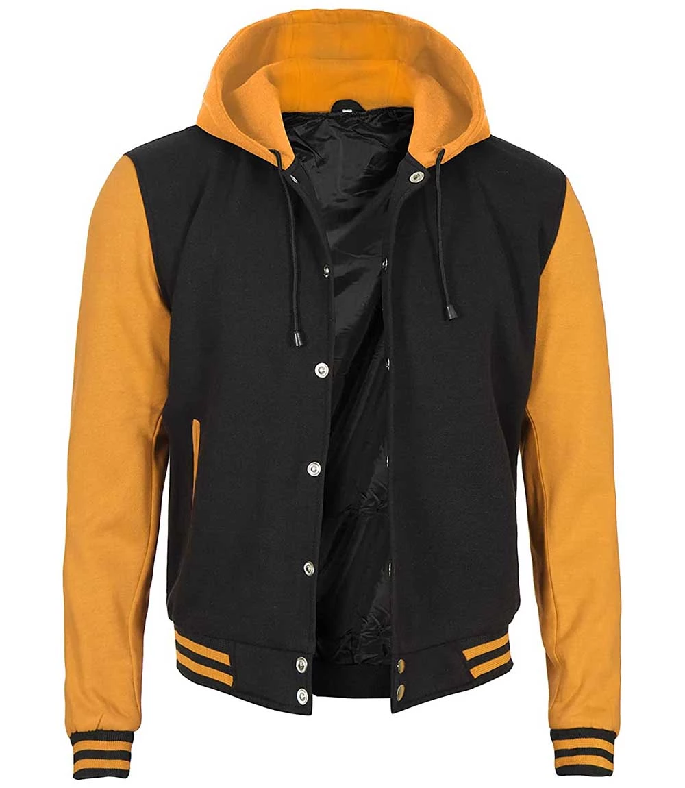 Men's Yellow and Black Varsity Letterman Jacket with Hood