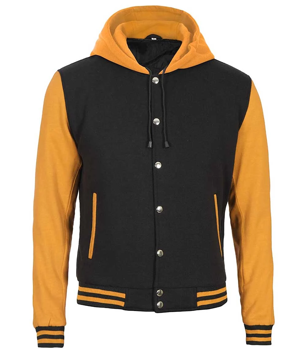 Men's Yellow and Black Varsity Letterman Jacket with Hood