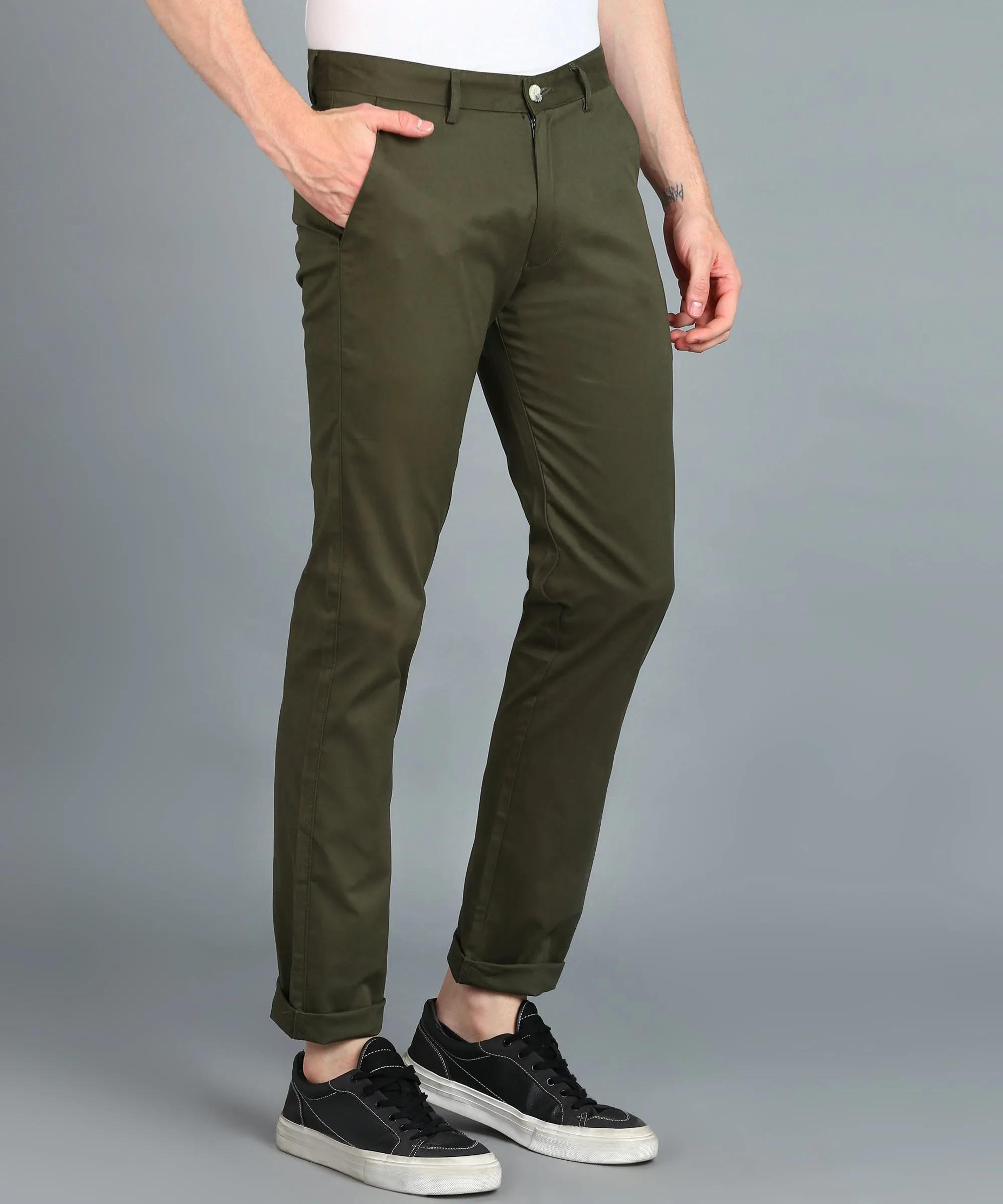 Men's Dark Green Cotton Light Weight Non-Stretch Slim Fit Casual Trousers