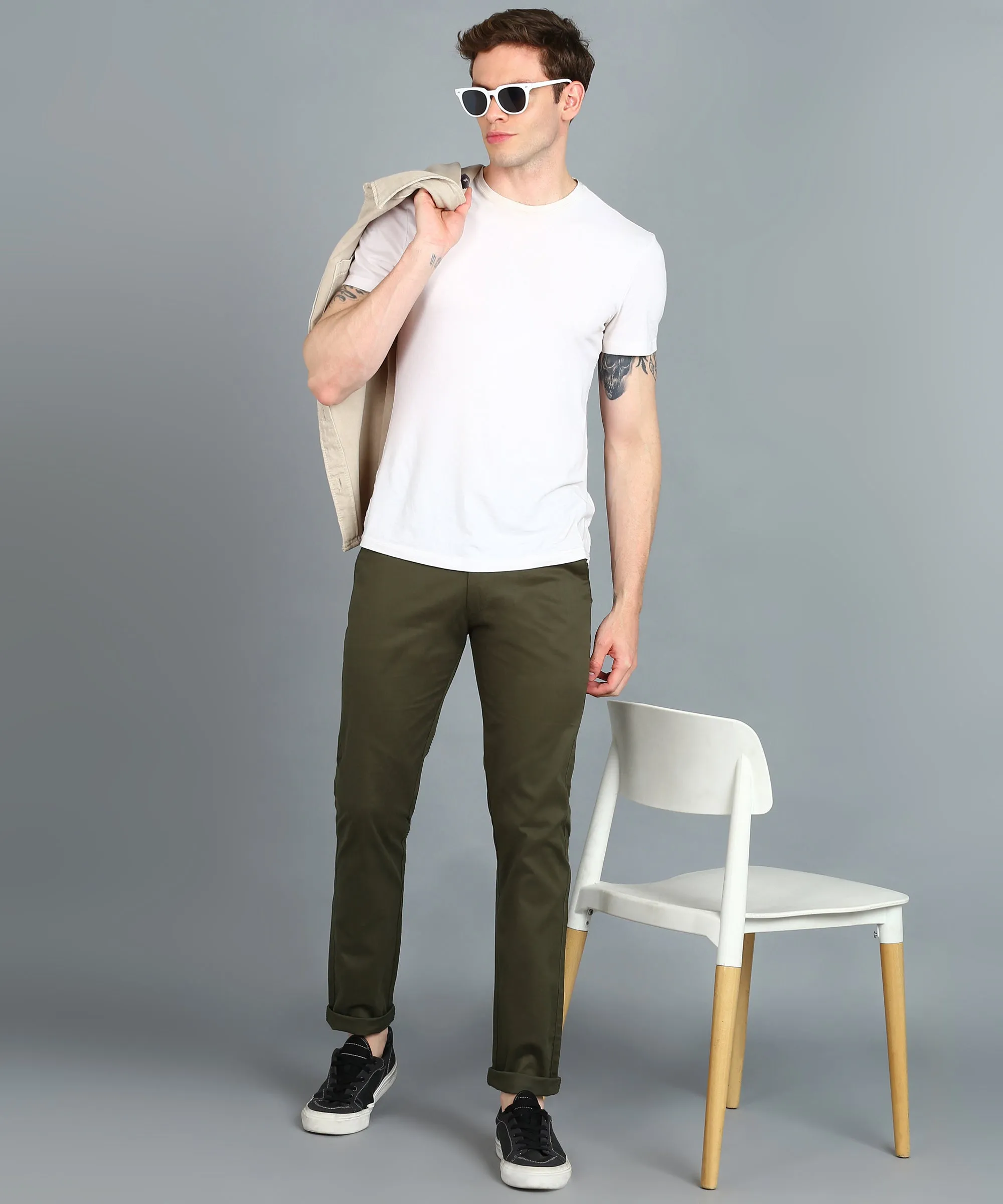 Men's Dark Green Cotton Light Weight Non-Stretch Slim Fit Casual Trousers