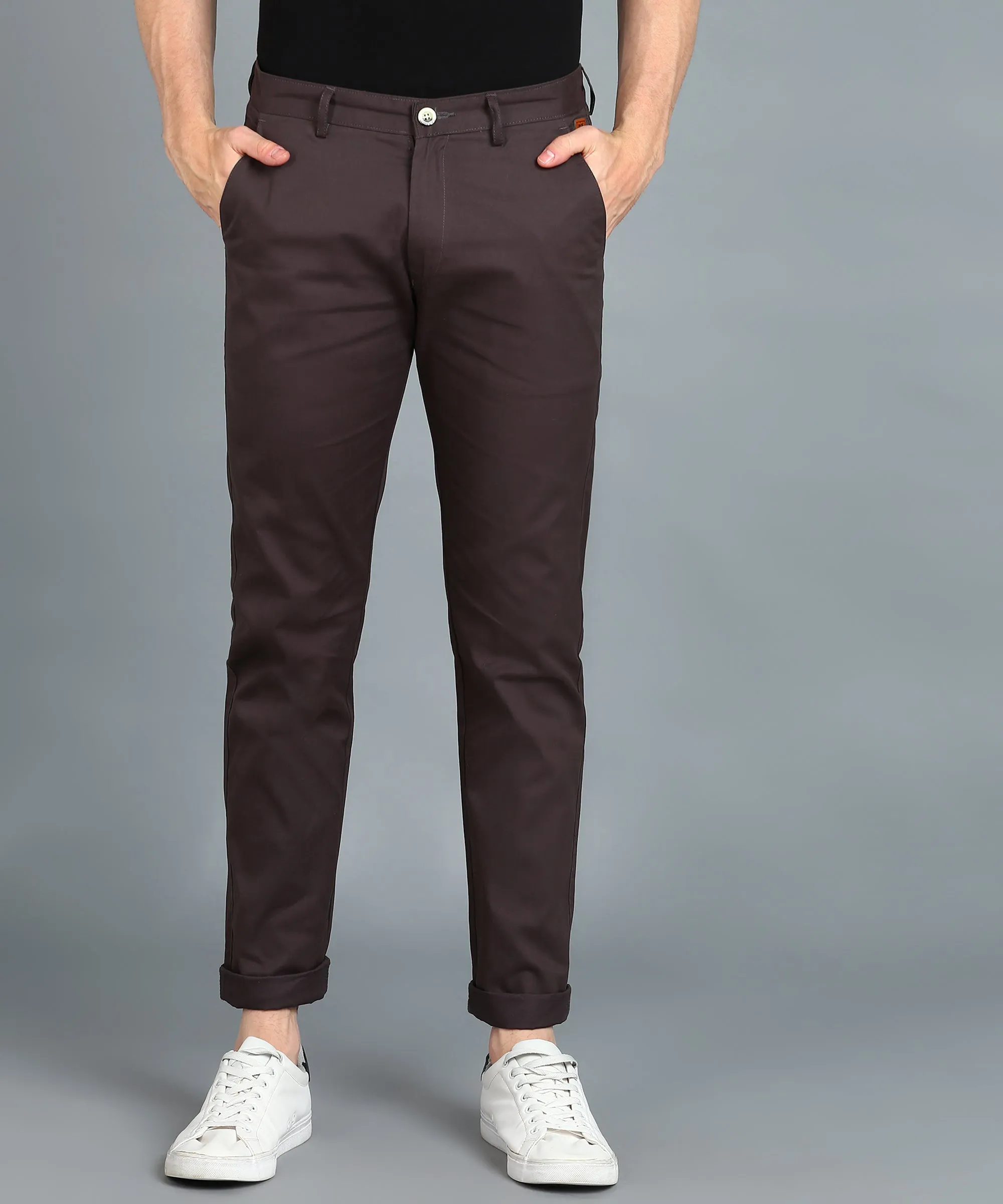 Men's Dark Grey Cotton Light Weight Non-Stretch Slim Fit Casual Trousers