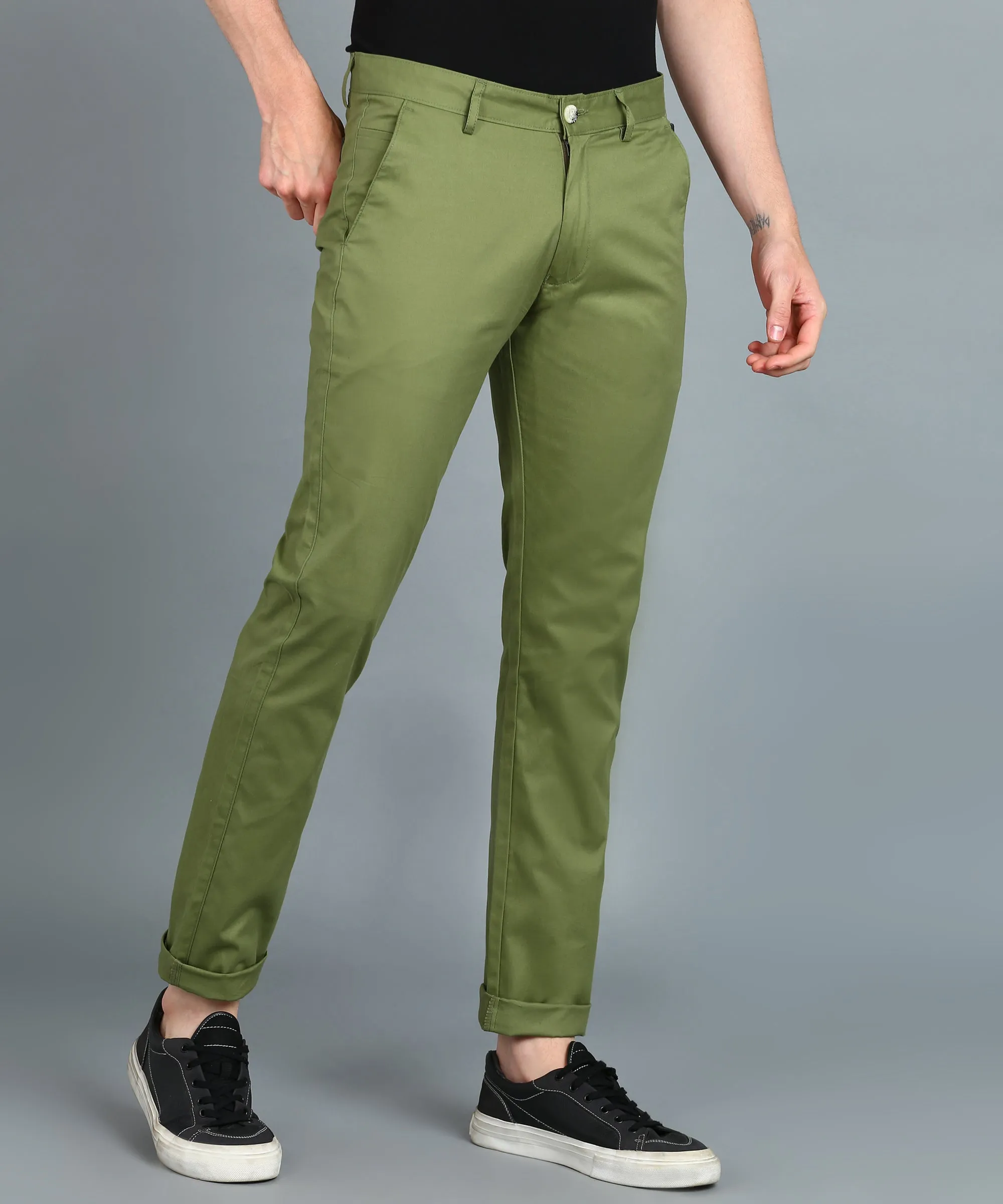 Men's Green Cotton Light Weight Non-Stretch Slim Fit Casual Trousers