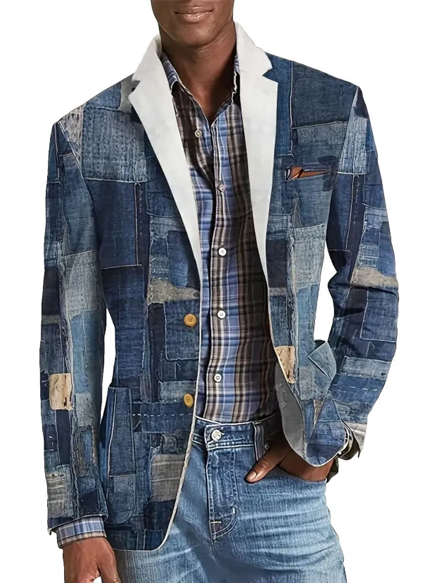 Men's Patchwork Denim Print Vintage Blazer