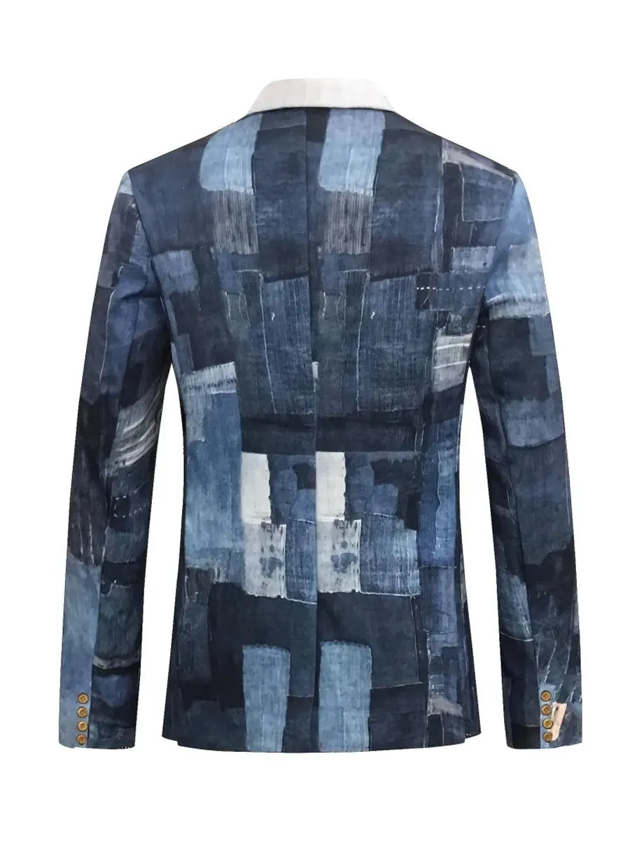 Men's Patchwork Denim Print Vintage Blazer