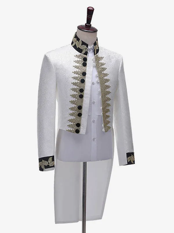 Men's White Retro Royal Court Top Elegant Long Sleeves Overcoat Retro Performance Costumes