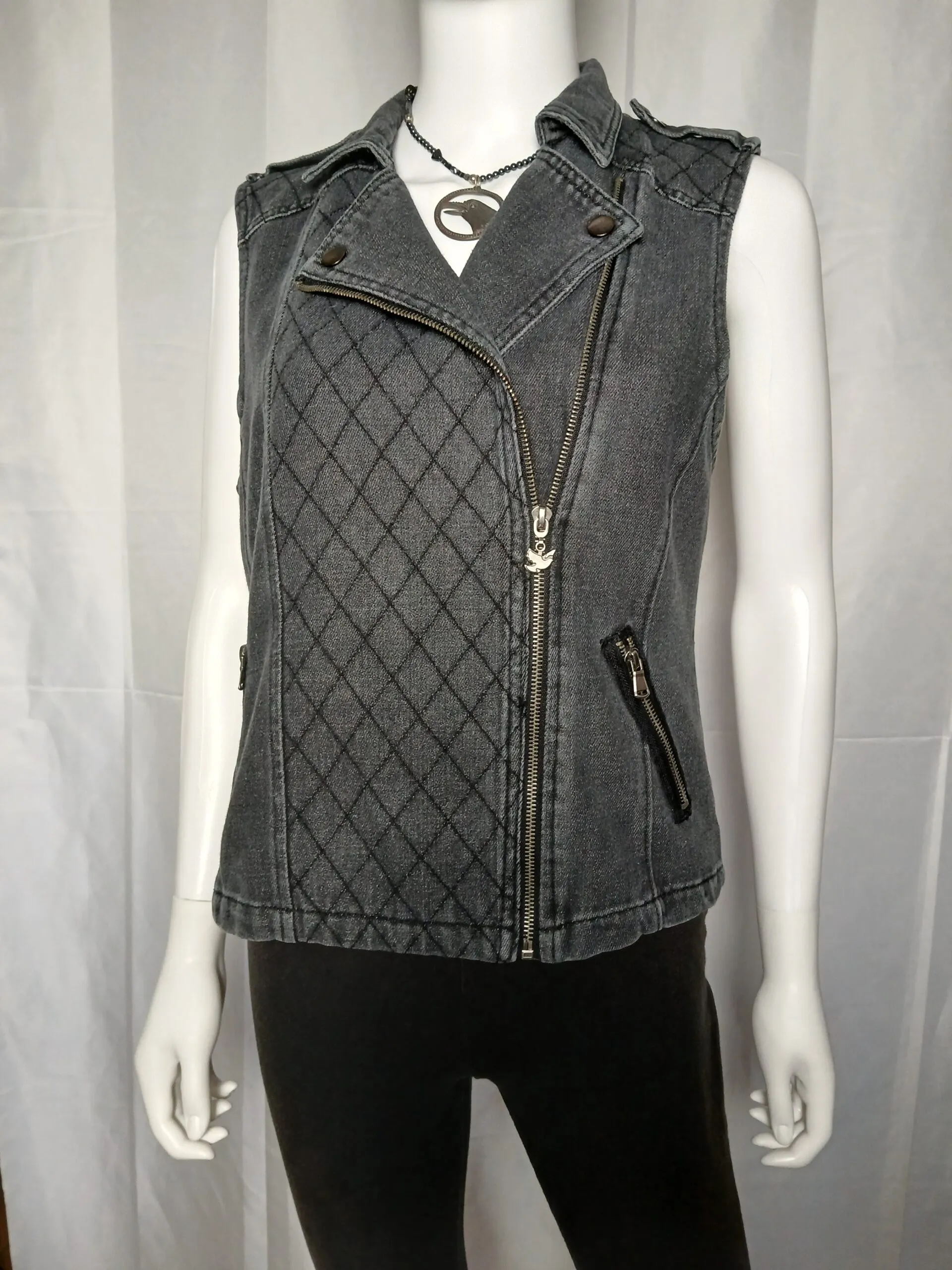 Metal Mojo Black Denim Repurposed Moto Vest, Sleeveless Top