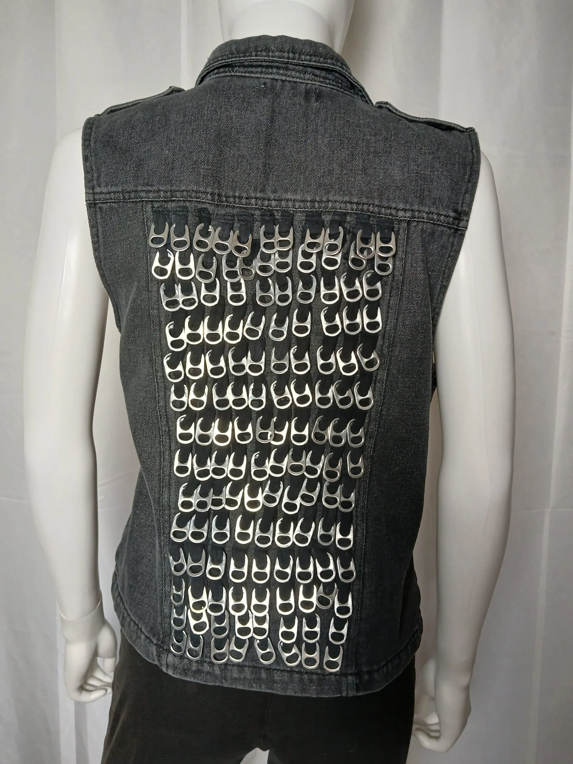 Metal Mojo Black Denim Repurposed Moto Vest, Sleeveless Top