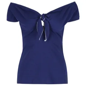 Navy Blue Tie Front Vintage Bardot Top