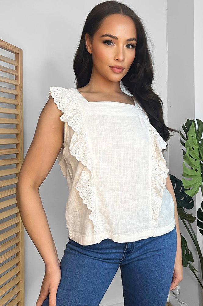 Off White Linen Blend Frilled Summer Top