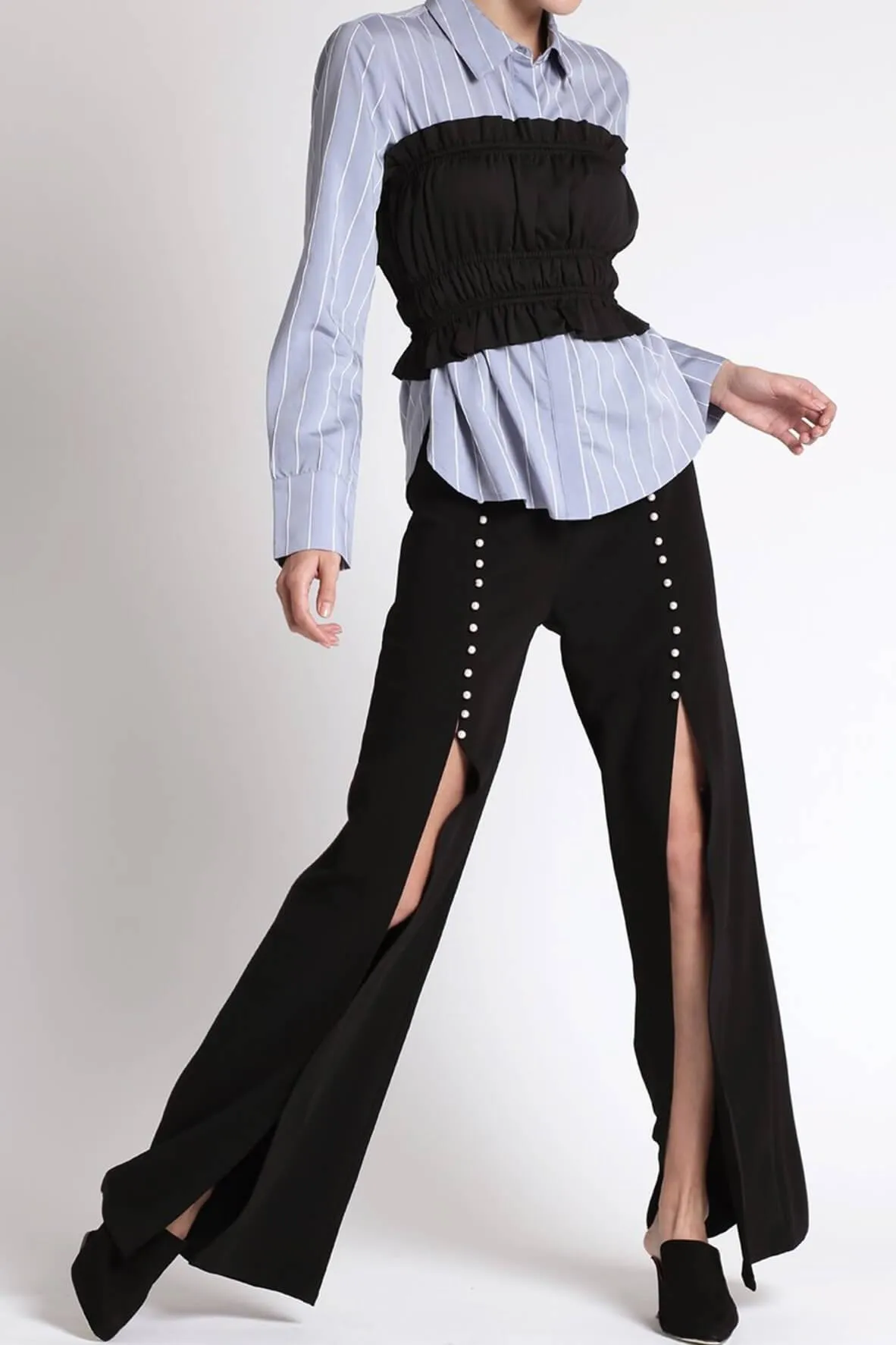 Pearl Embellished Front Slit Pants in Black