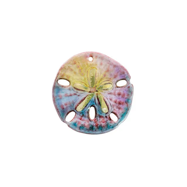 Pendant, Sand Dollar Shell 34x33mm, Enameled Brass Multi-Color Tie Dye, by Gardanne Beads (1 Piece)