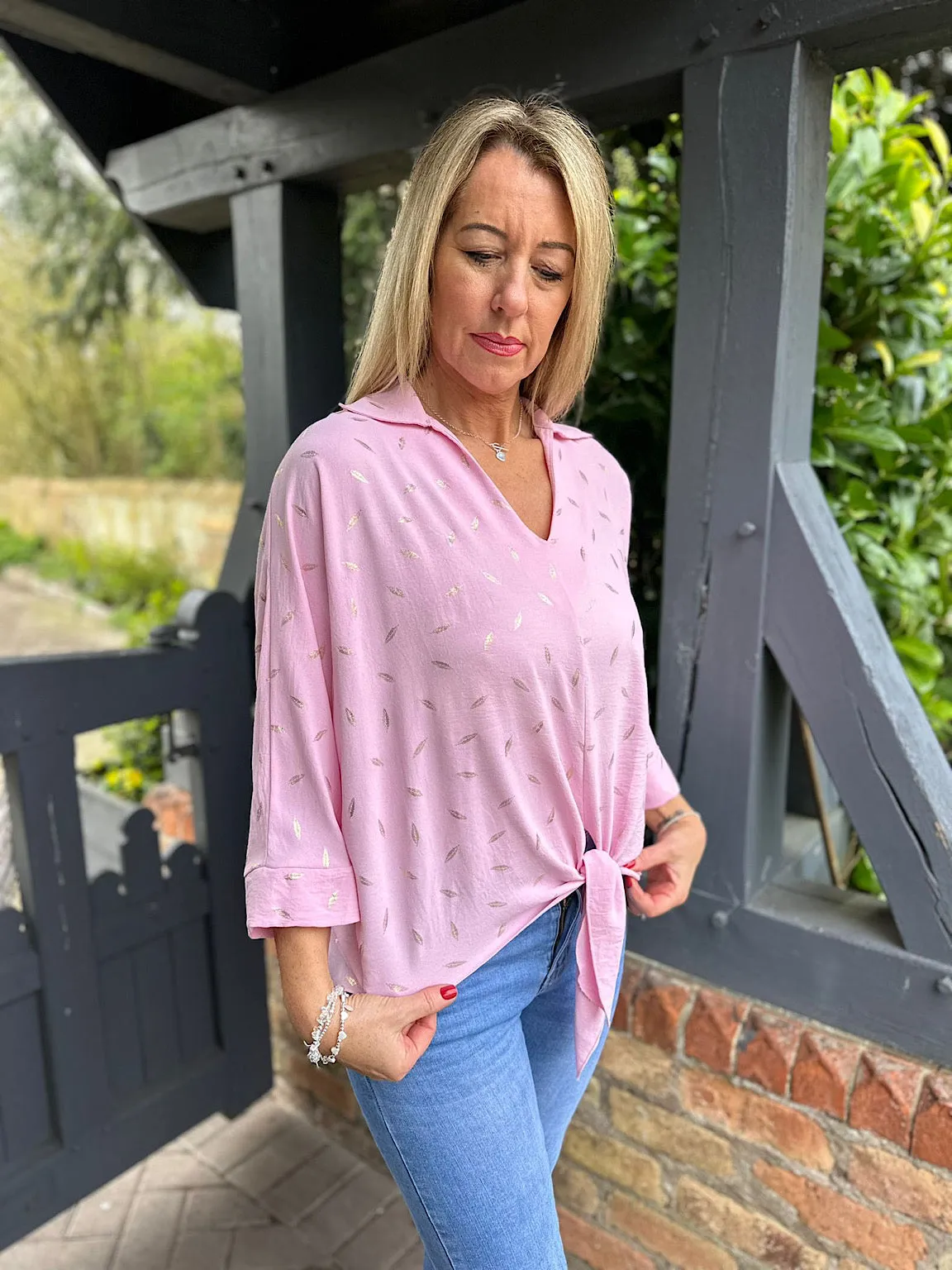 Pink Metallic Leaf Pattern Blouse Delia