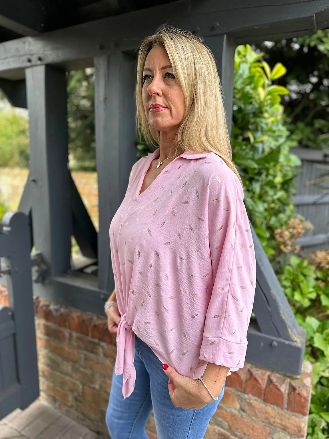 Pink Metallic Leaf Pattern Blouse Delia