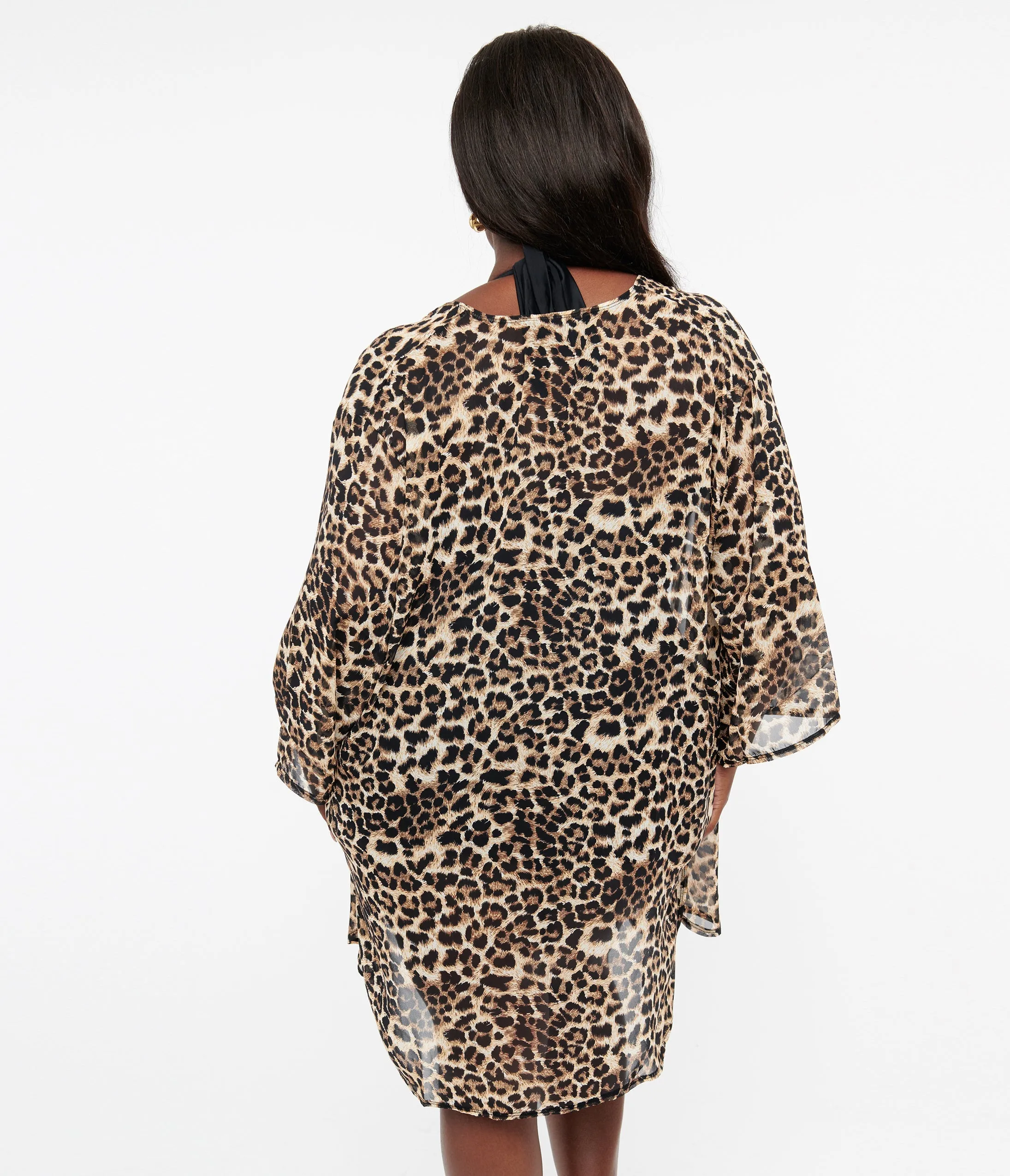 Plus Size 1970s Leopard Print Chiffon Side Slit Swim Coverup