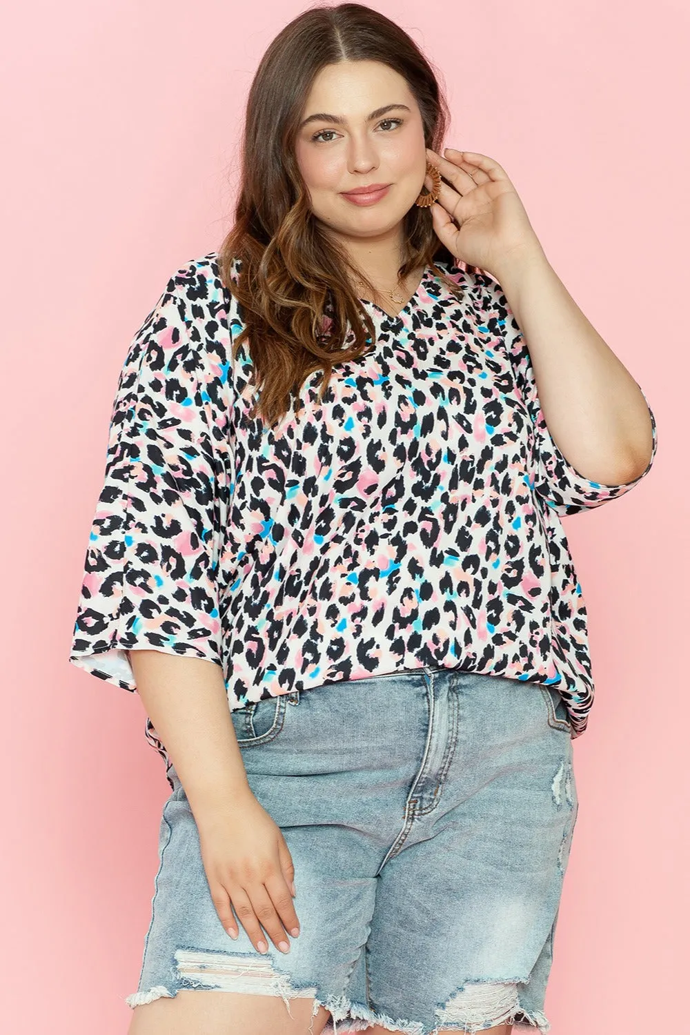 Plus Size Leopard V-Neck Three-Quarter Sleeve Blouse