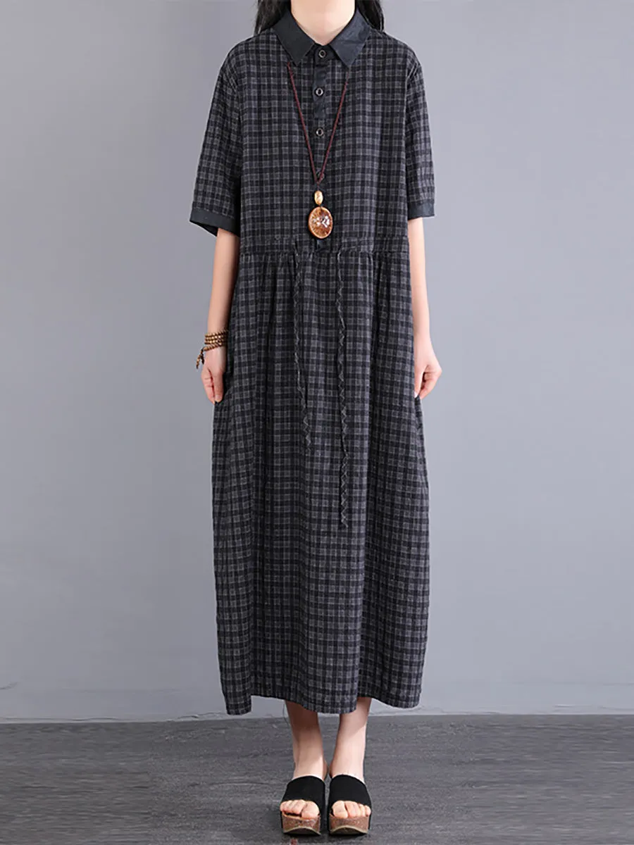 Plus Size Women Artsy Plaid Cotton Linen Dress KL1021