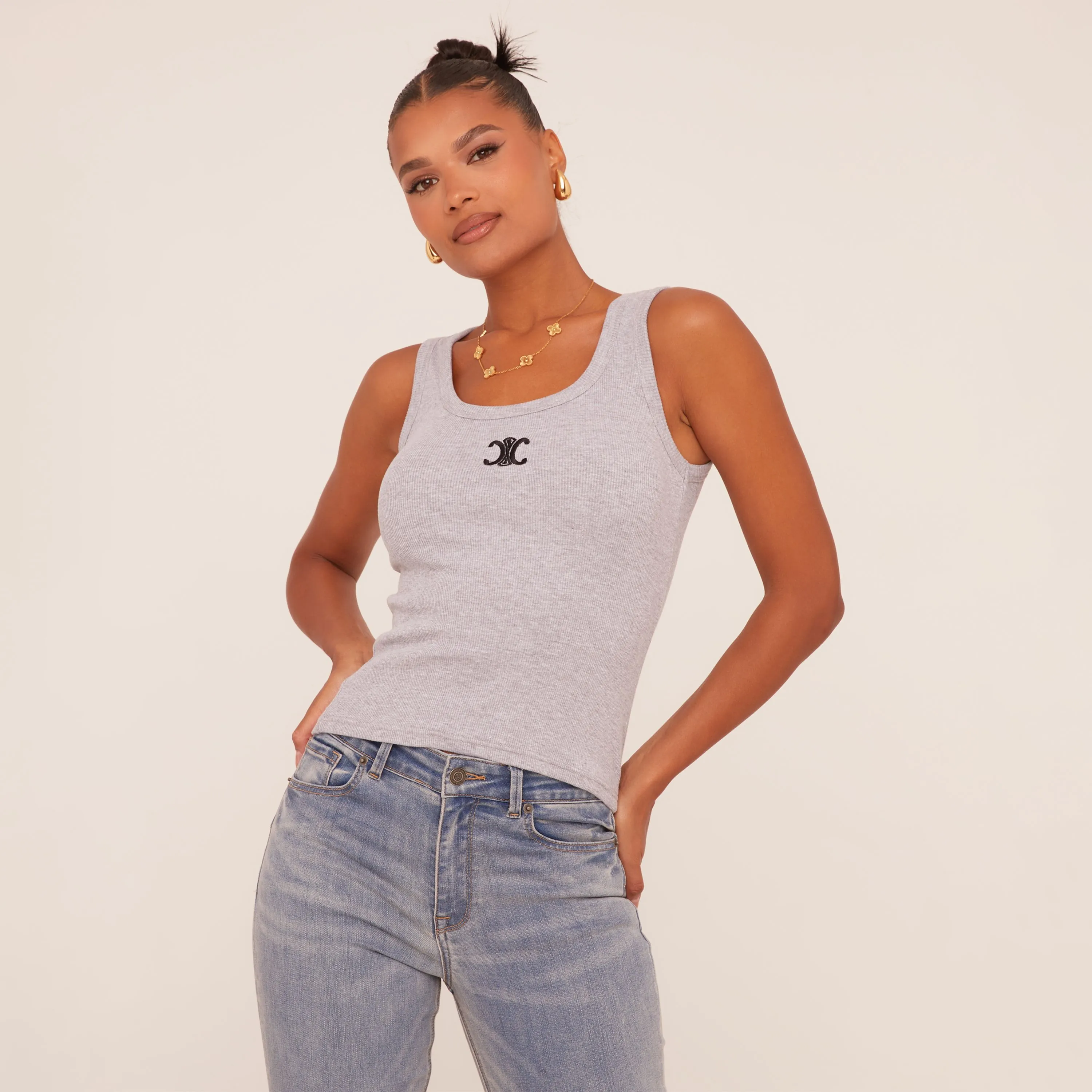 Scoop Neck Logo Vest Top In Grey Rib