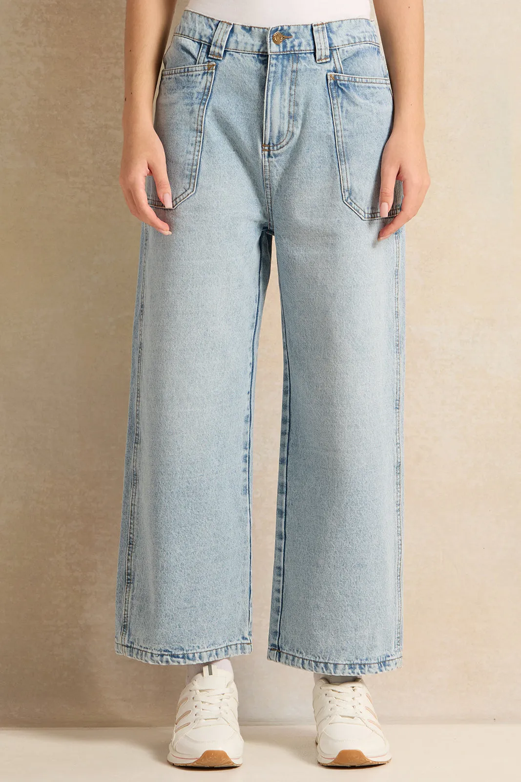 Senior Girls Blue Wide Leg Jeans With Front Pocket