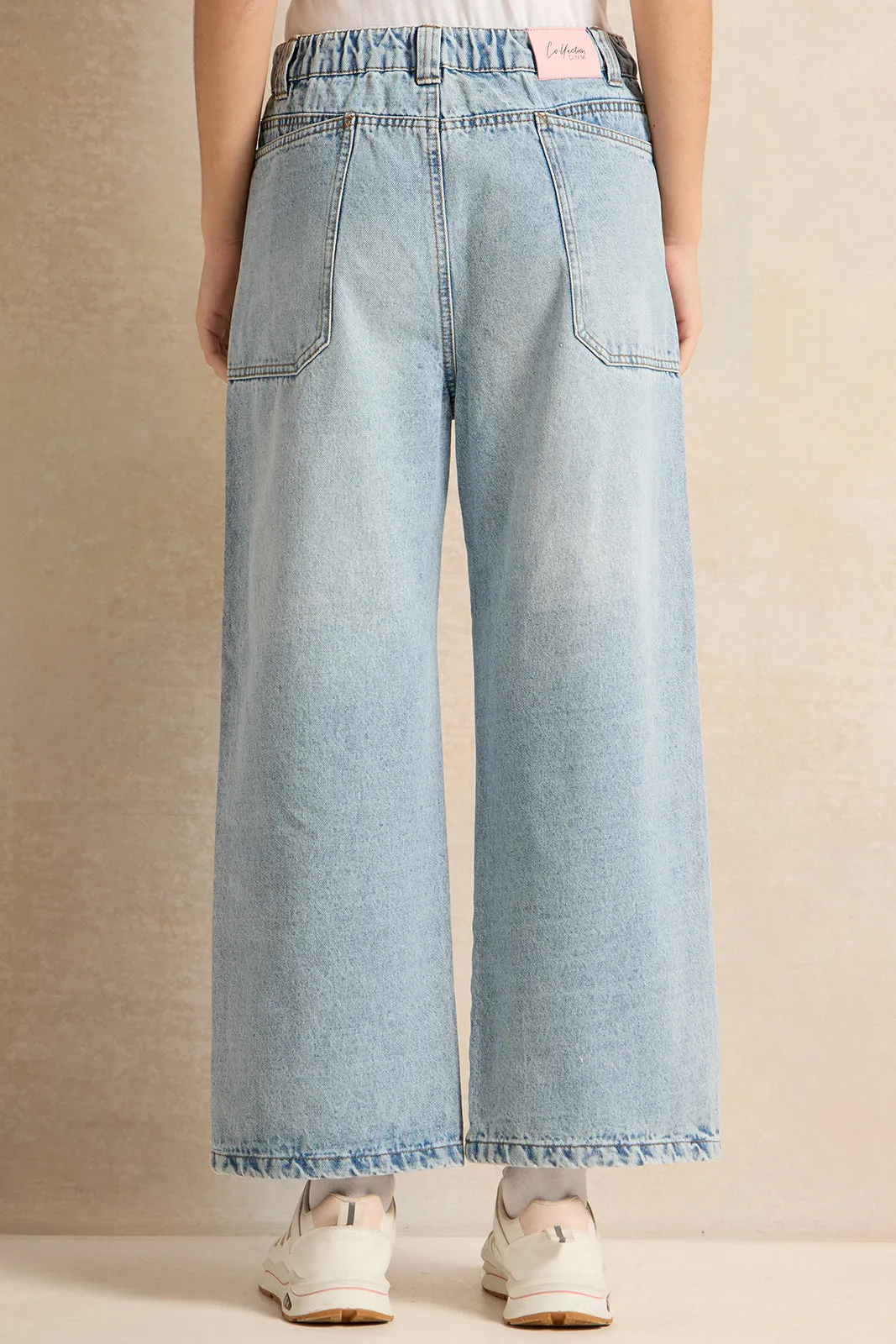 Senior Girls Blue Wide Leg Jeans With Front Pocket