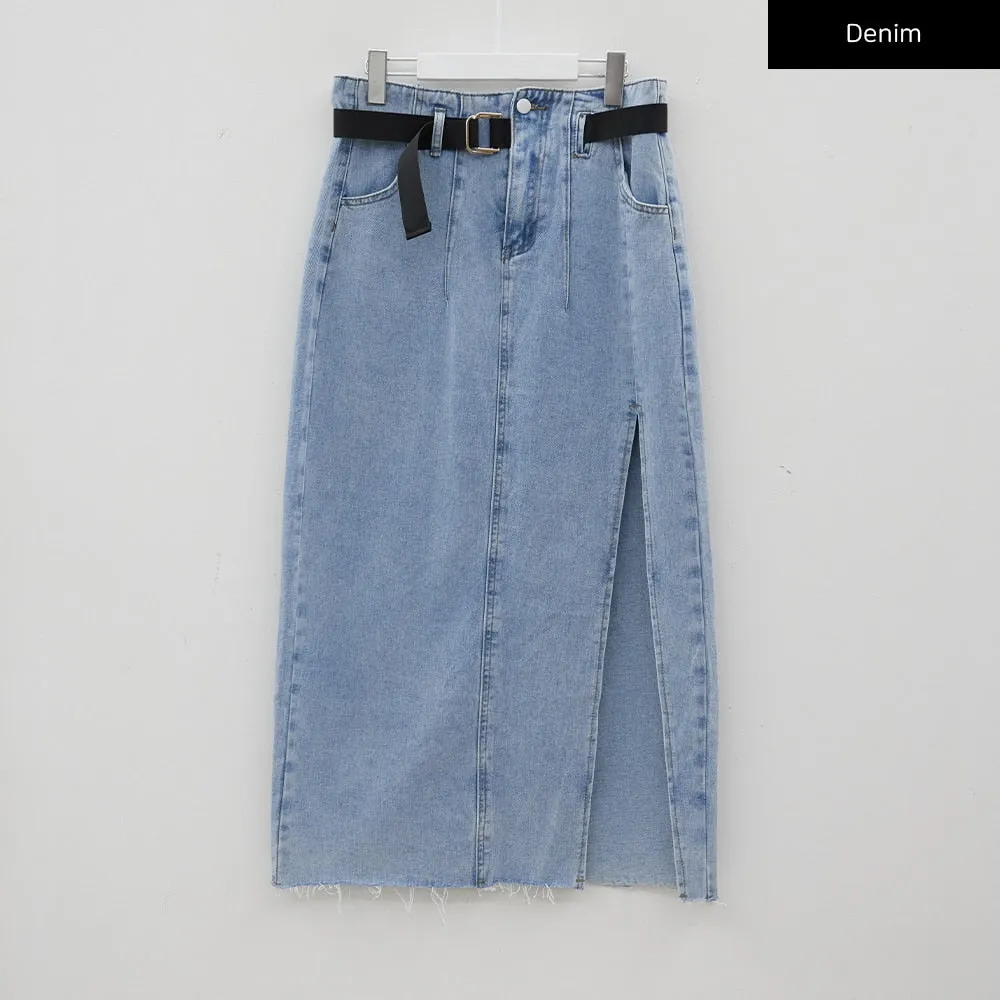 Side Slit Belted Denim Maxi Skirt BJ08