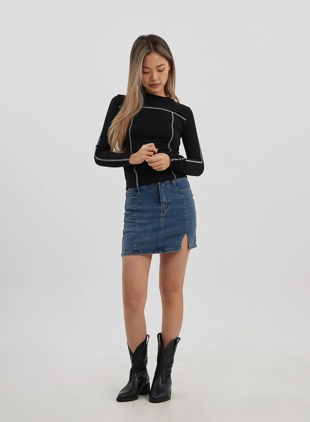 Side Slit Denim Mini Skirt CJ325