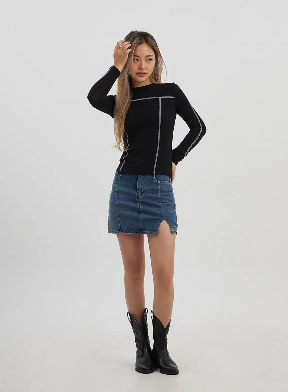 Side Slit Denim Mini Skirt CJ325