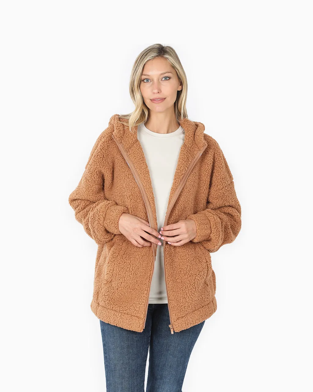 Soft Sherpa Hooded Zipper Front Jacket - Camel