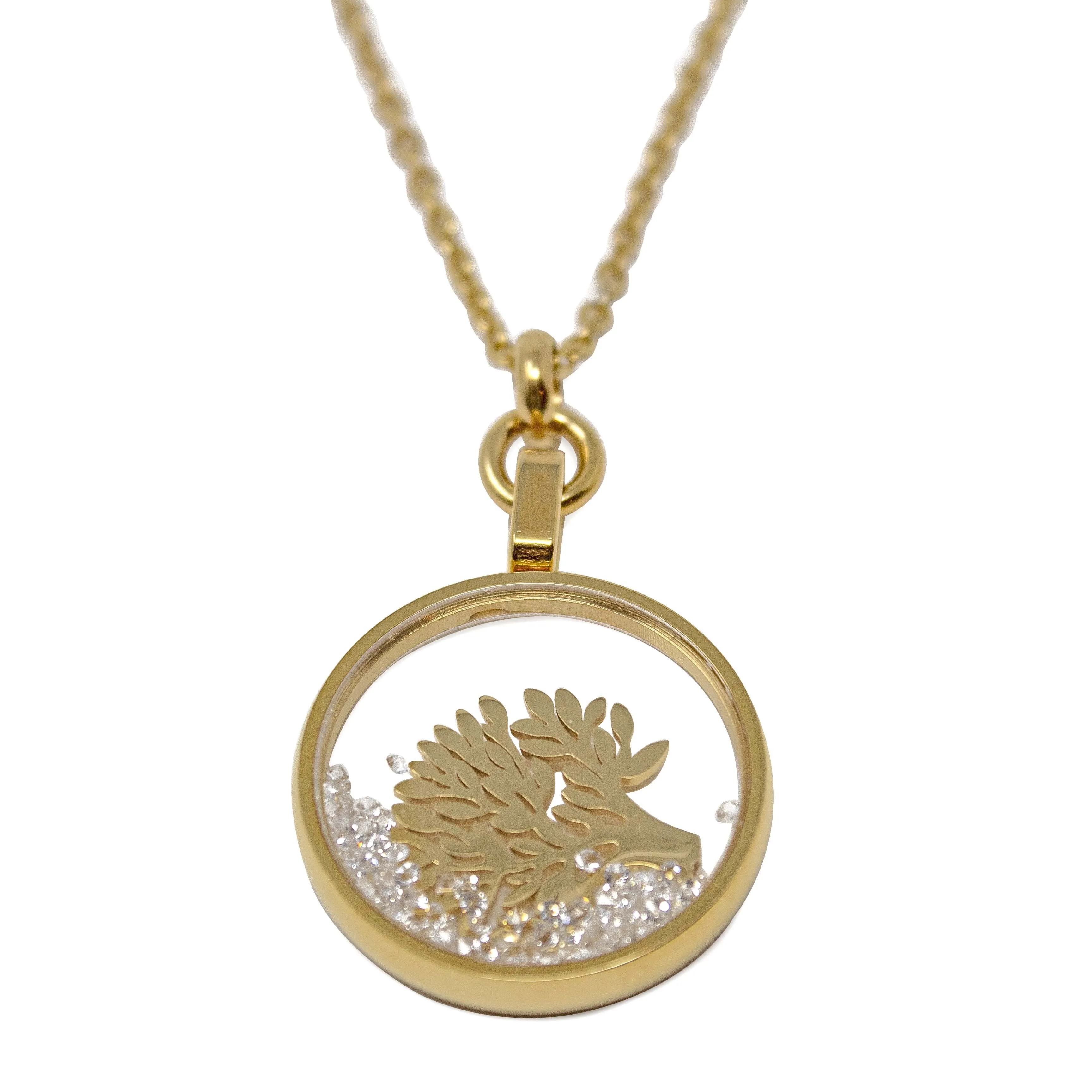 Stainless Steel Tree of Life Glass Locket Necklace 18 Kt Gold Plated