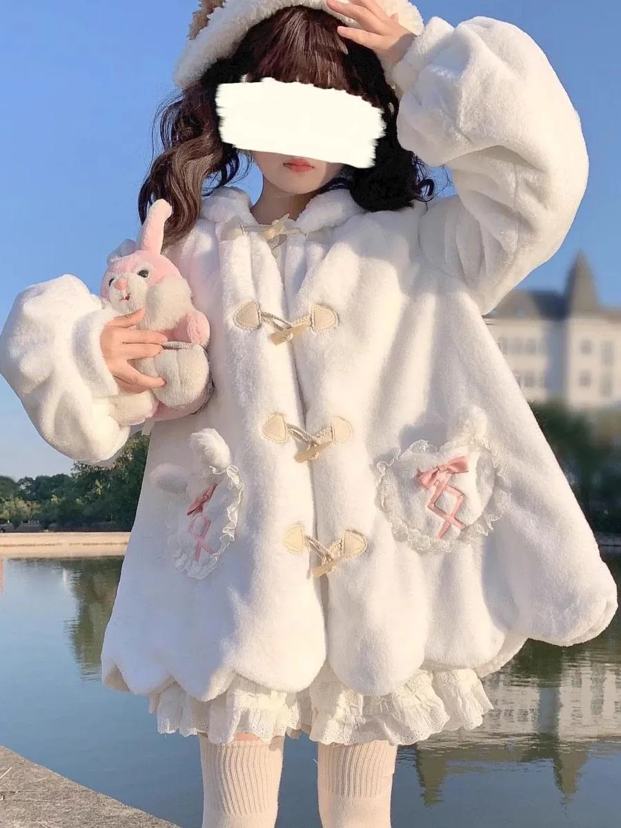 Sweet Lolita Coats White Bows Overcoat Short Plush Fall Lolita Outwears